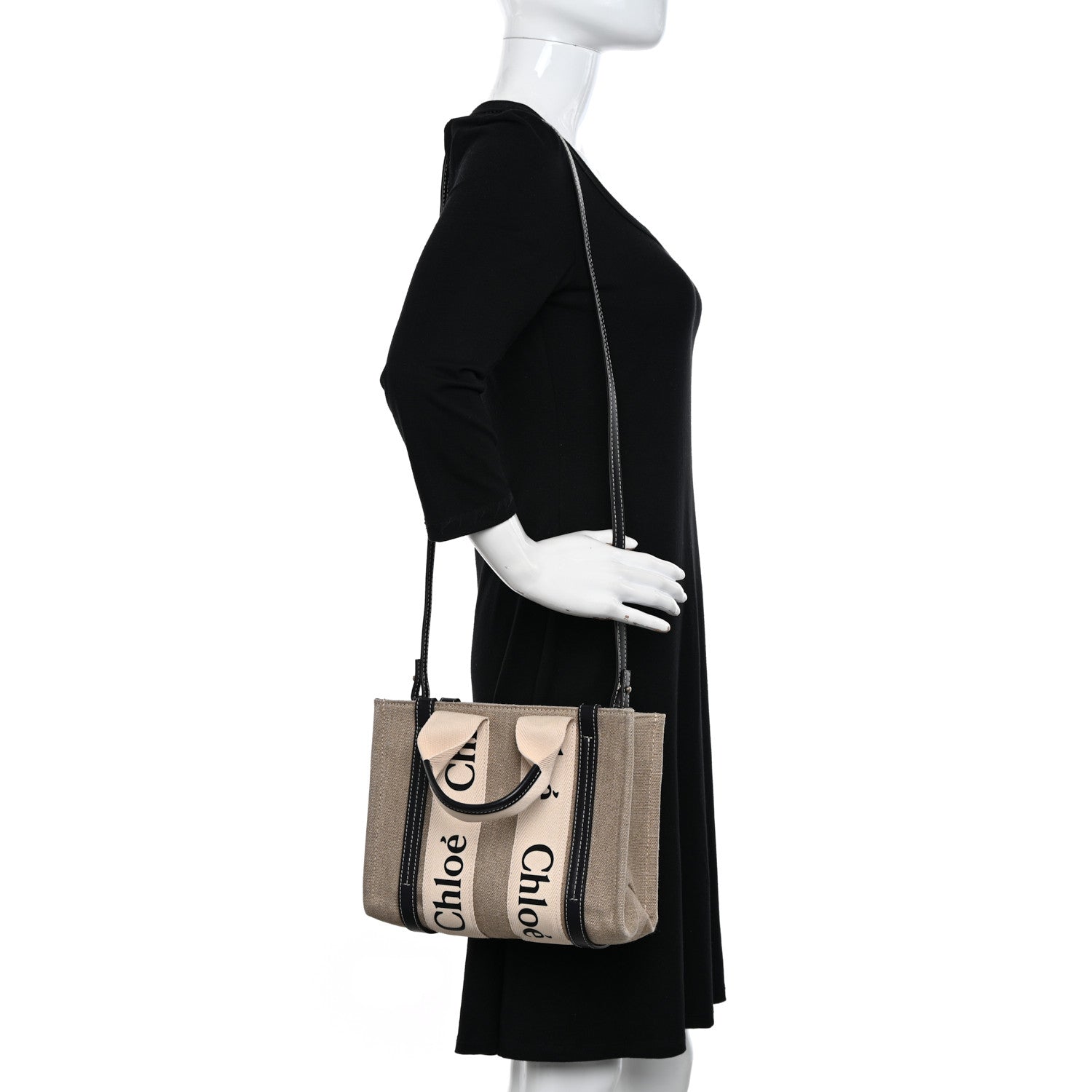 Chloe Linen Calfskin Small Woody Ribbon Tote With Strap White Navy 2 of 10