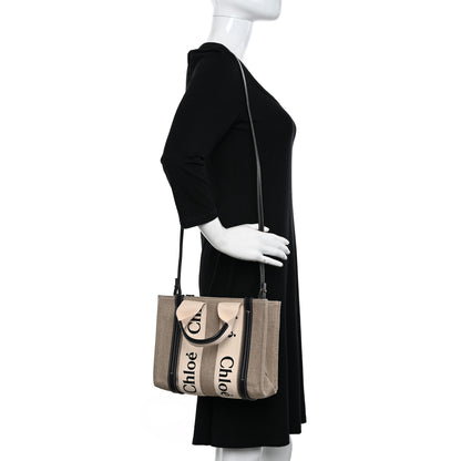 Chloe Linen Calfskin Small Woody Ribbon Tote With Strap White Navy 2 of 10