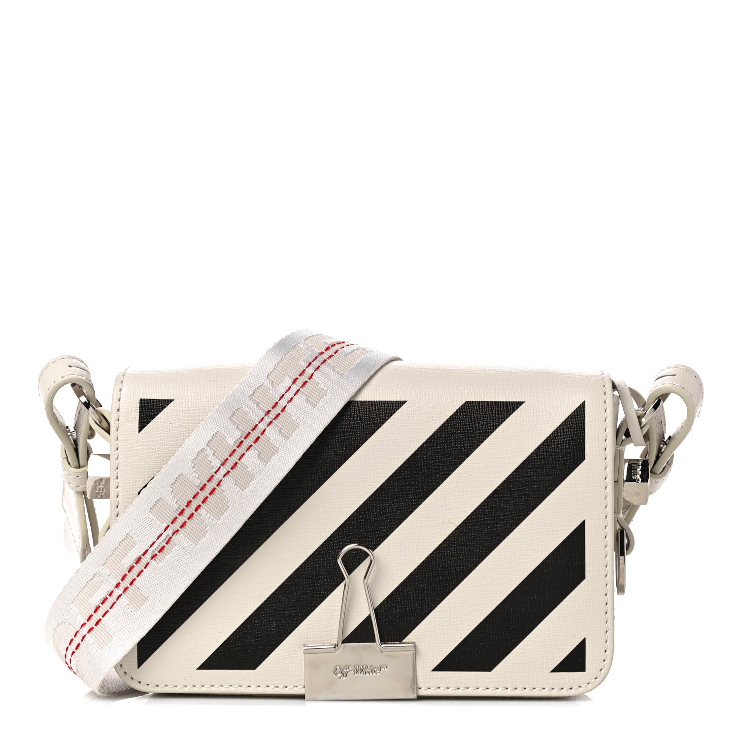 Off-White Saffiano Striped Diag Binder Flap Bag White Black 1 of 14