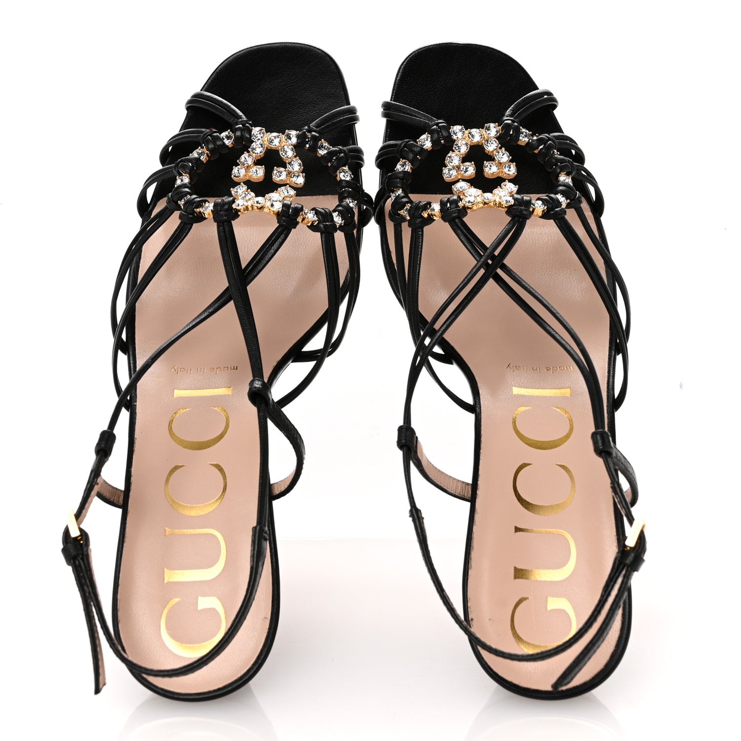 Calfskin Crystal GG Isa Ankle Strap Mid Heel Sandals 37.5 Black