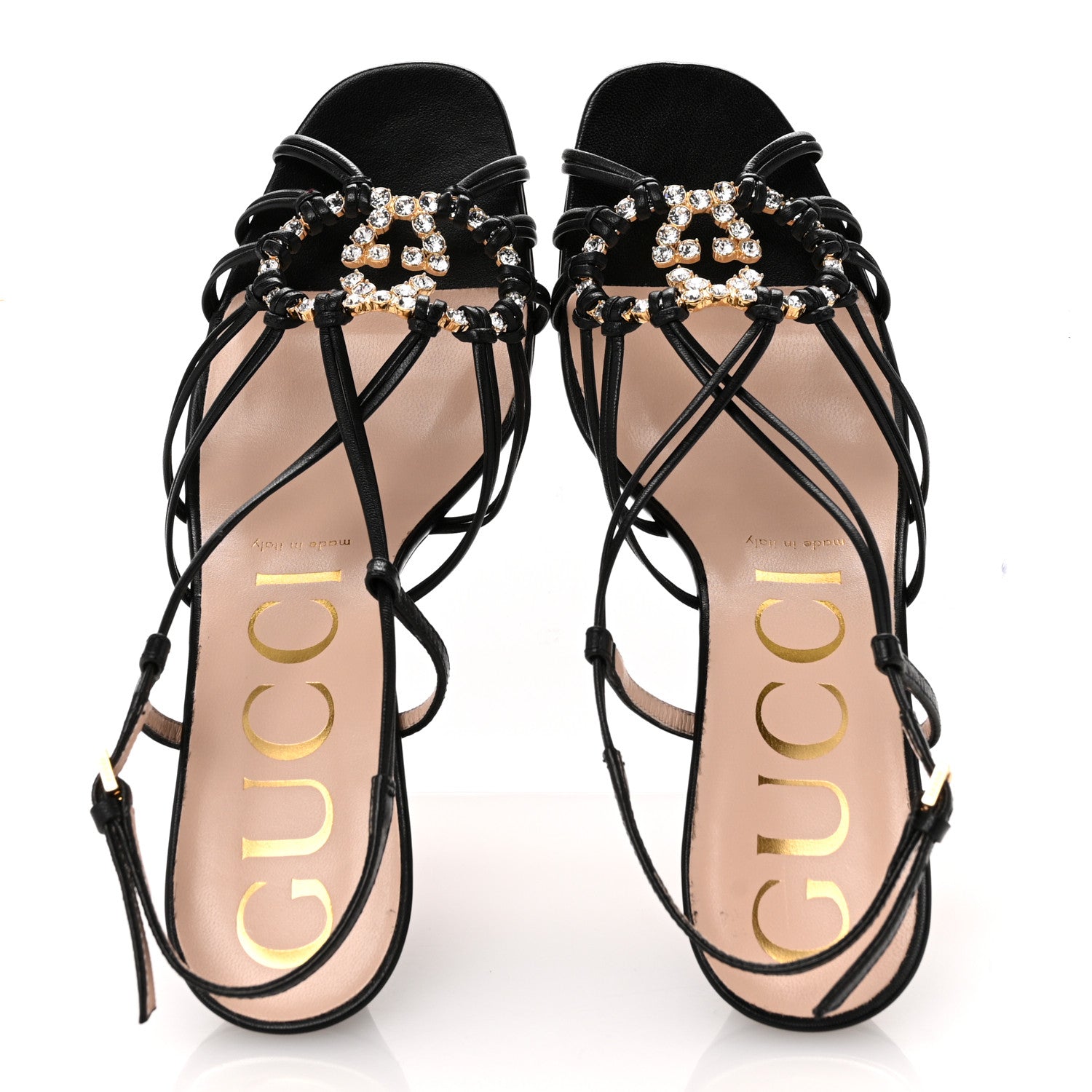 Gucci Calfskin Crystal GG Isa Ankle Strap Mid Heel Sandals 37.5 Black 2 of 9