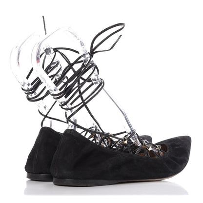 Valentino Garavani Suede Rockstud Gladiator Lace Up Ballerina Flats 39.5 Black 4 of 13