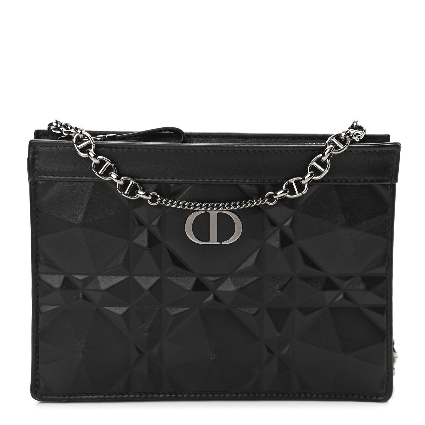 Calfskin Macrocannage Diamond Caro Zipped Pouch With Chain Black