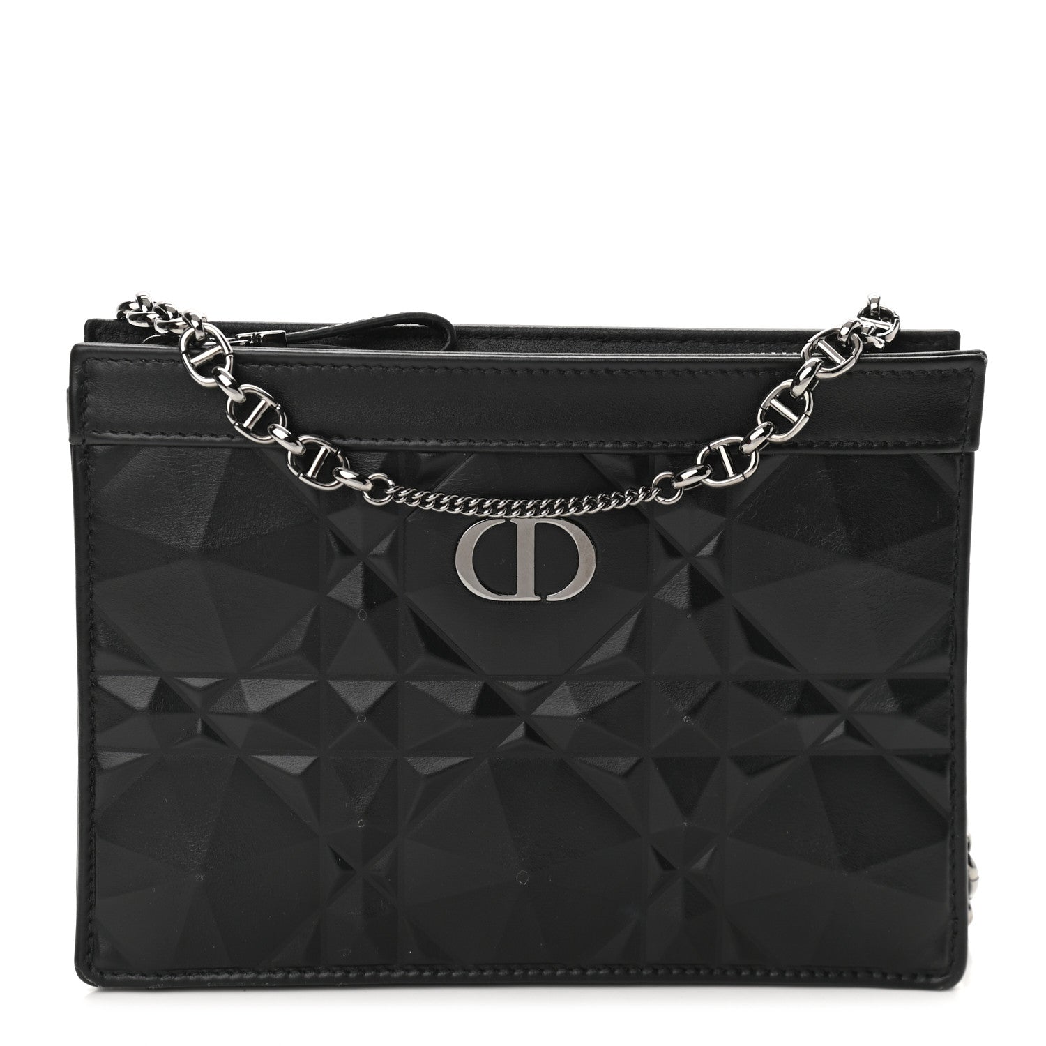 Christian Dior Calfskin Macrocannage Diamond Caro Zipped Pouch With Chain Black 1 of 13