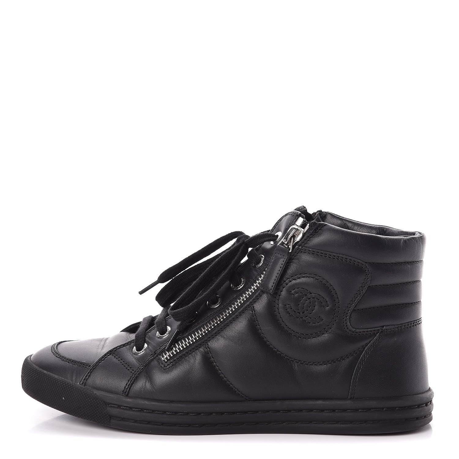 Chanel Calfskin Pearl High Top CC Sneakers 36 Black 1 of 16