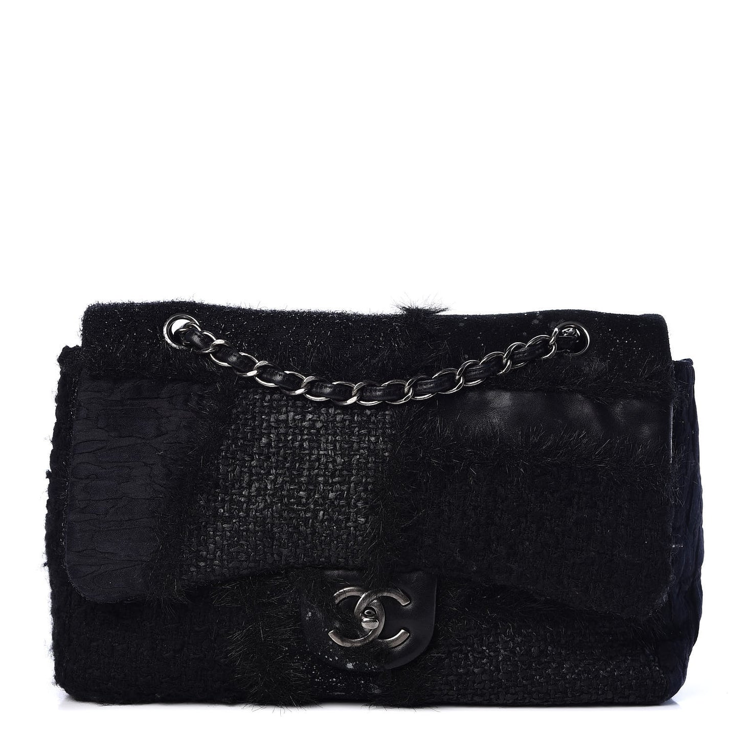 Tweed Faux Fur Patchwork Jumbo Single Flap Black