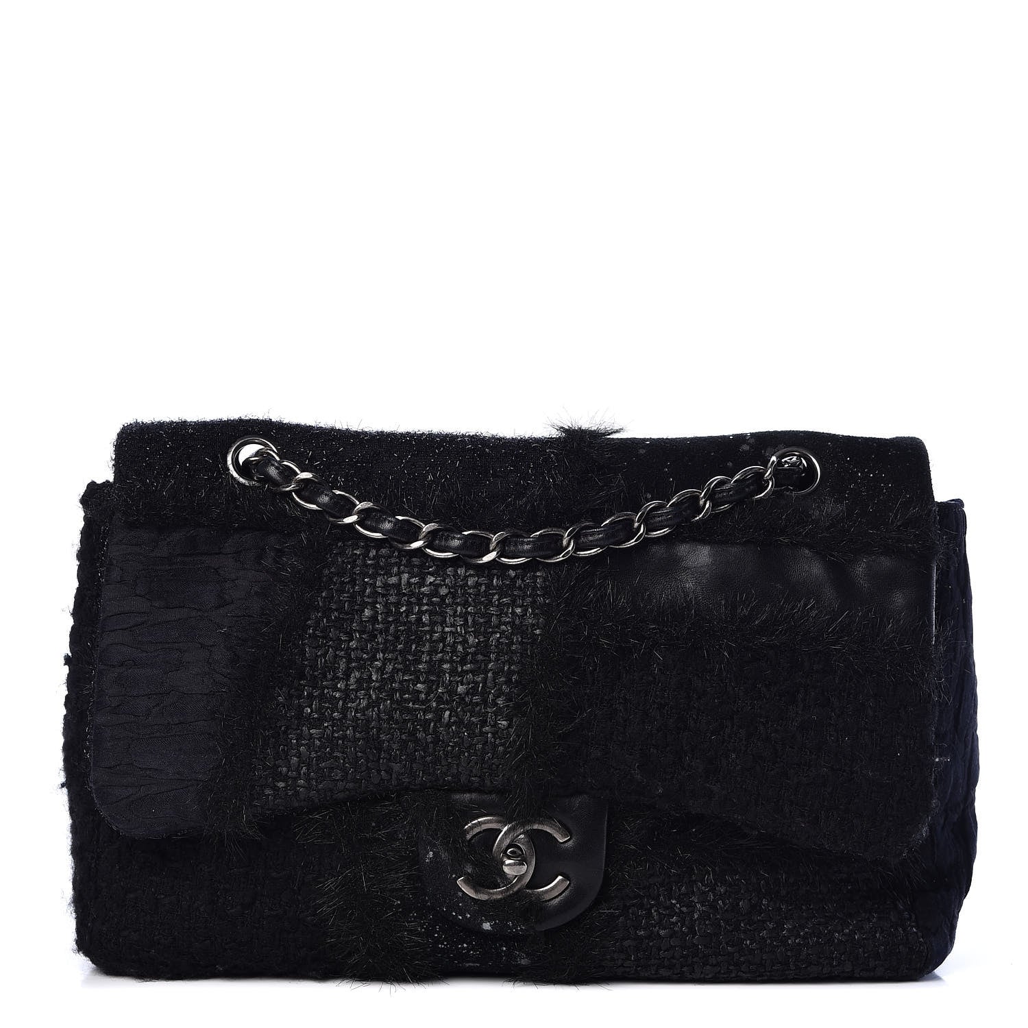 Chanel Tweed Faux Fur Patchwork Jumbo Single Flap Black 1 of 10