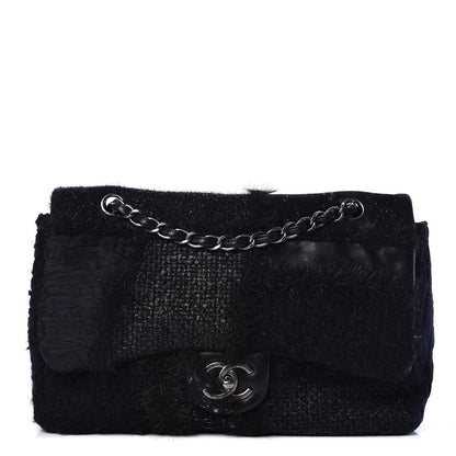 Chanel Tweed Faux Fur Patchwork Jumbo Single Flap Black 1 of 10
