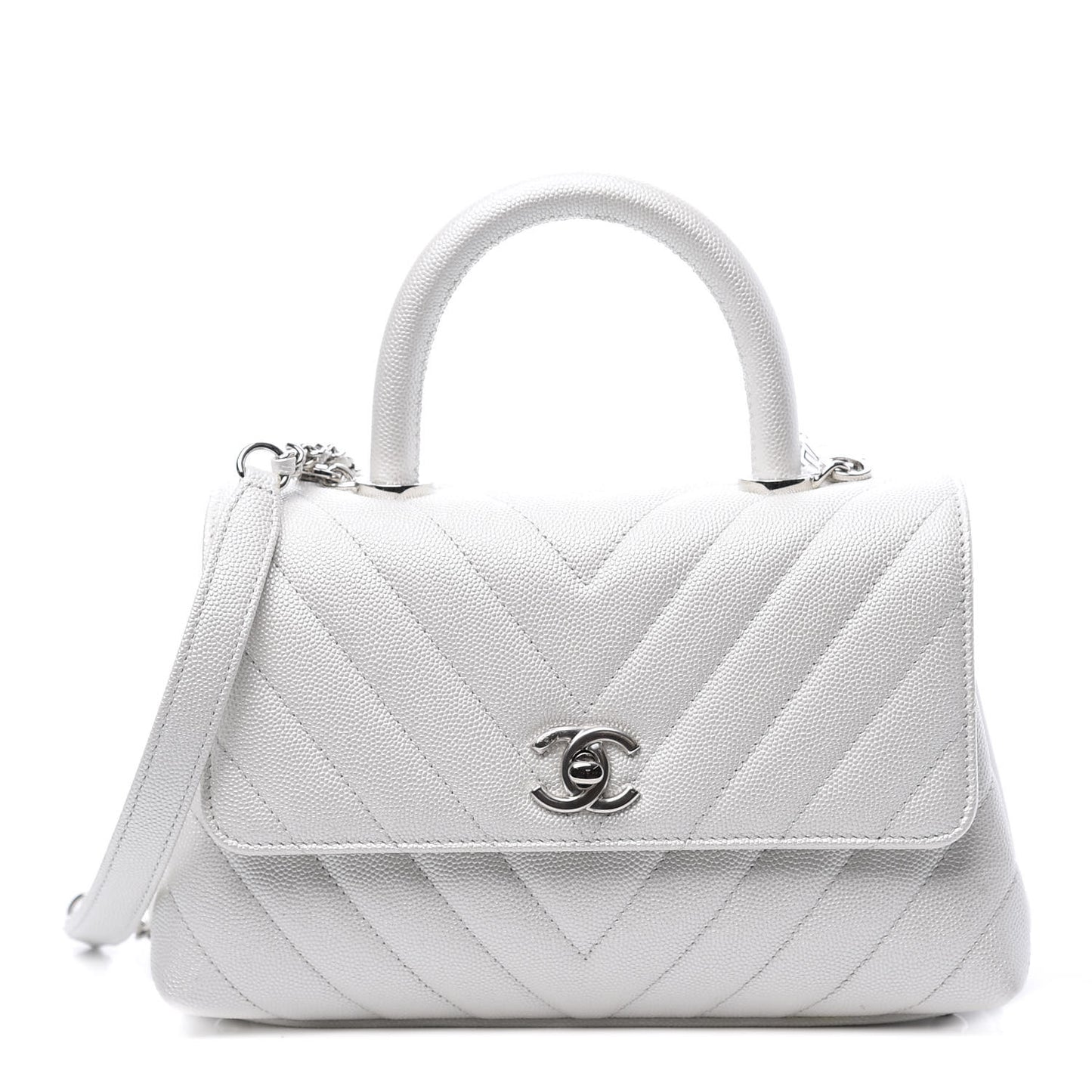 Iridescent Caviar Chevron Quilted Mini Coco Handle Flap White