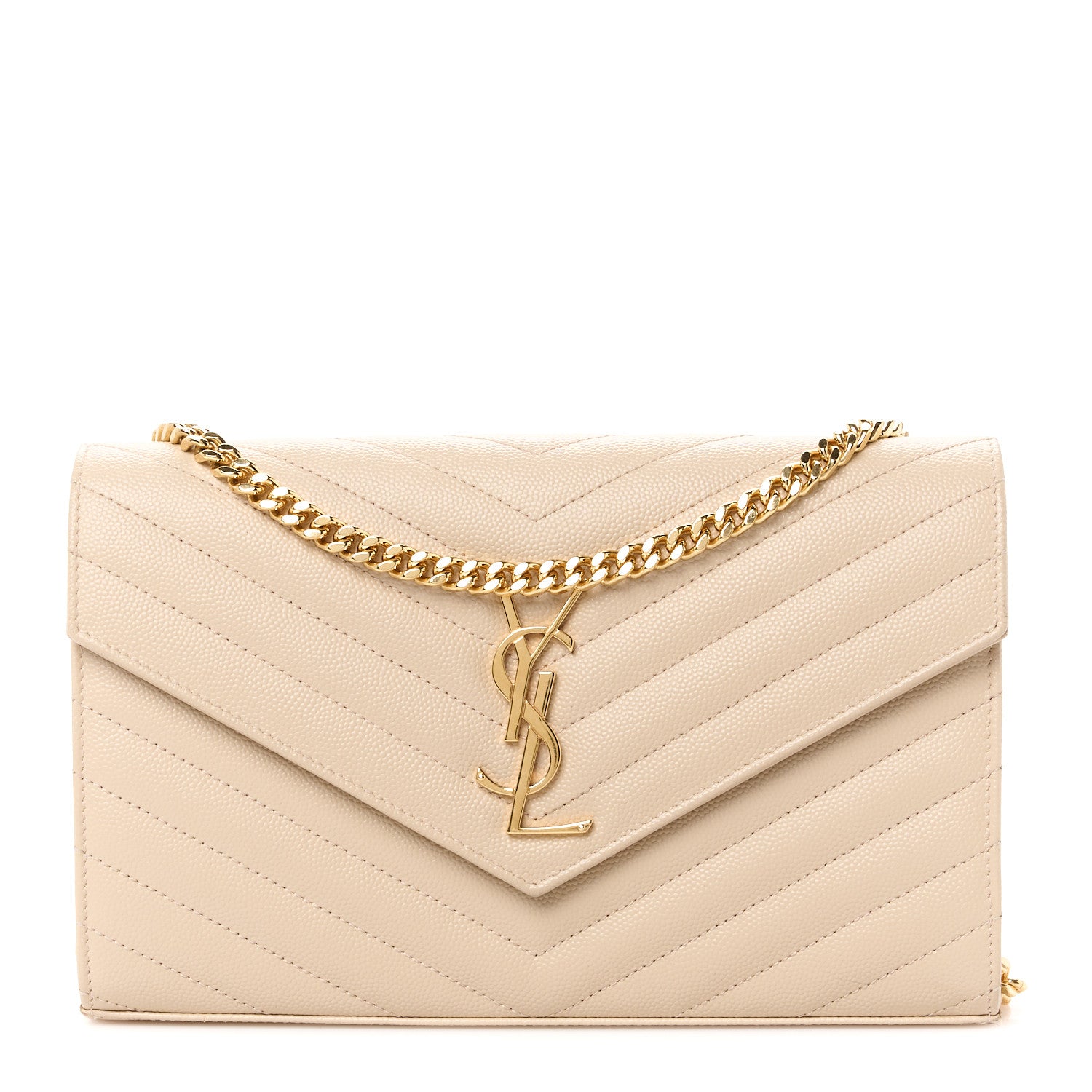 Saint Laurent Grain De Poudre Matelasse Chevron Monogram Chain Wallet Dark Beige 1 of 9
