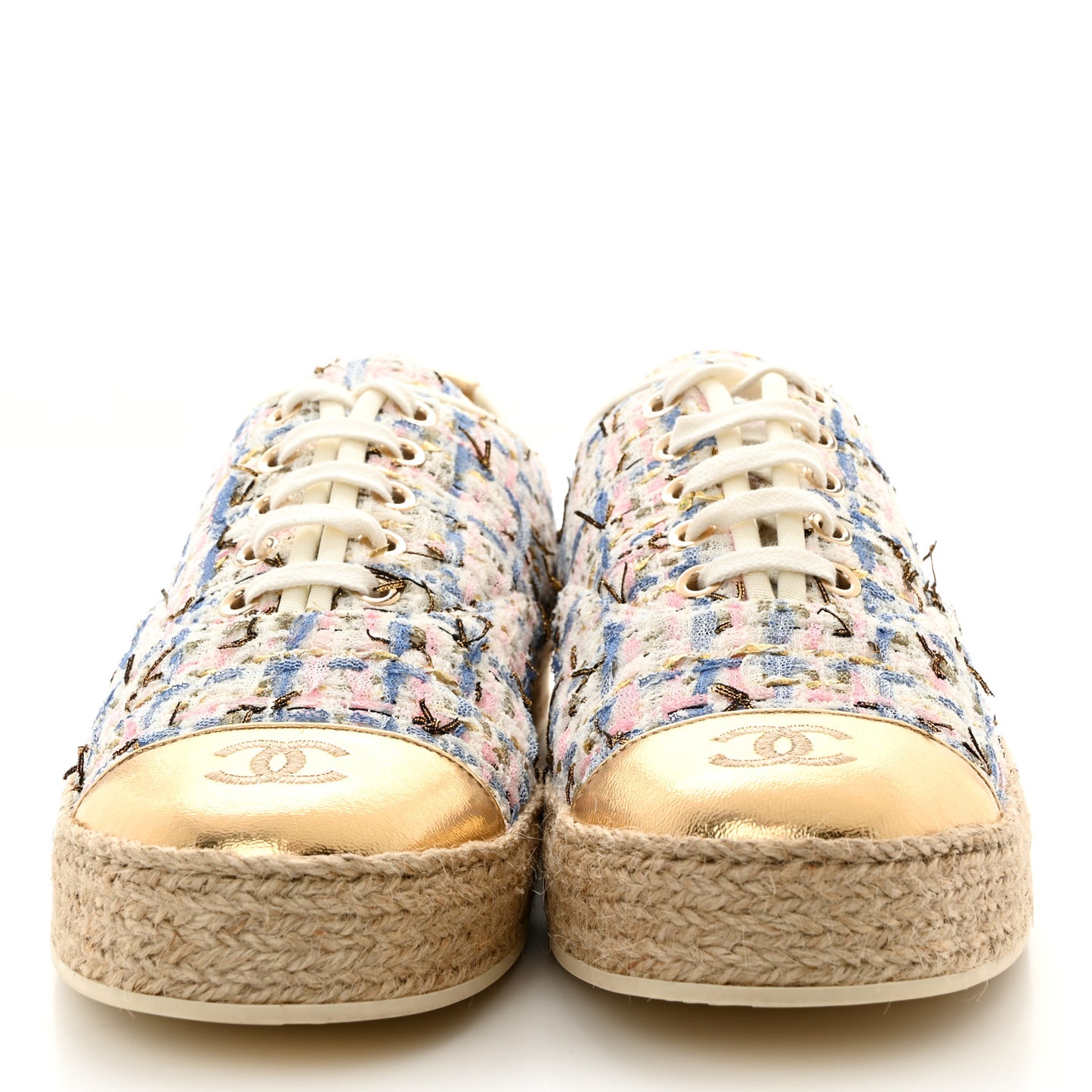 Tweed Laminated Lambskin Lace Up Espadrilles 40 Pink Blue Gold White