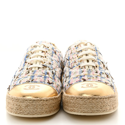 Chanel Tweed Laminated Lambskin Lace Up Espadrilles 40 Pink Blue Gold White 2 of 9