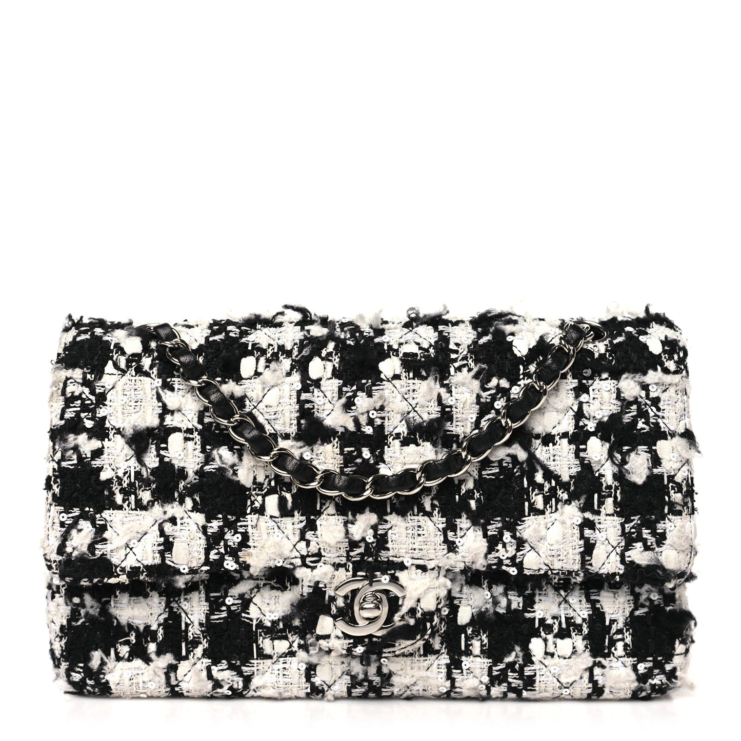 Tweed Quilted Medium Double Flap Black Ecru White