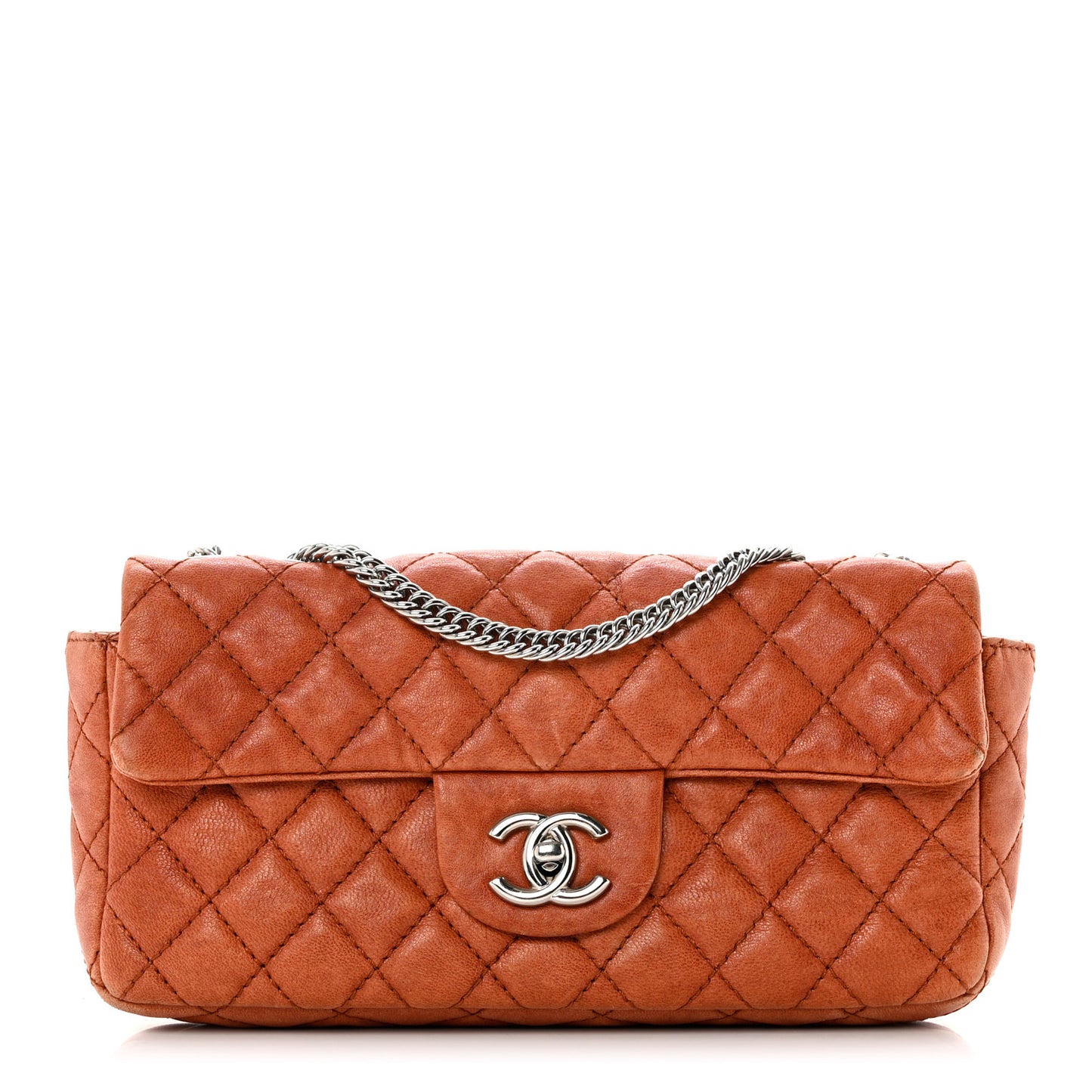 Glazed Lambskin Quilted Bijoux Chain East West Flap Dark Orange