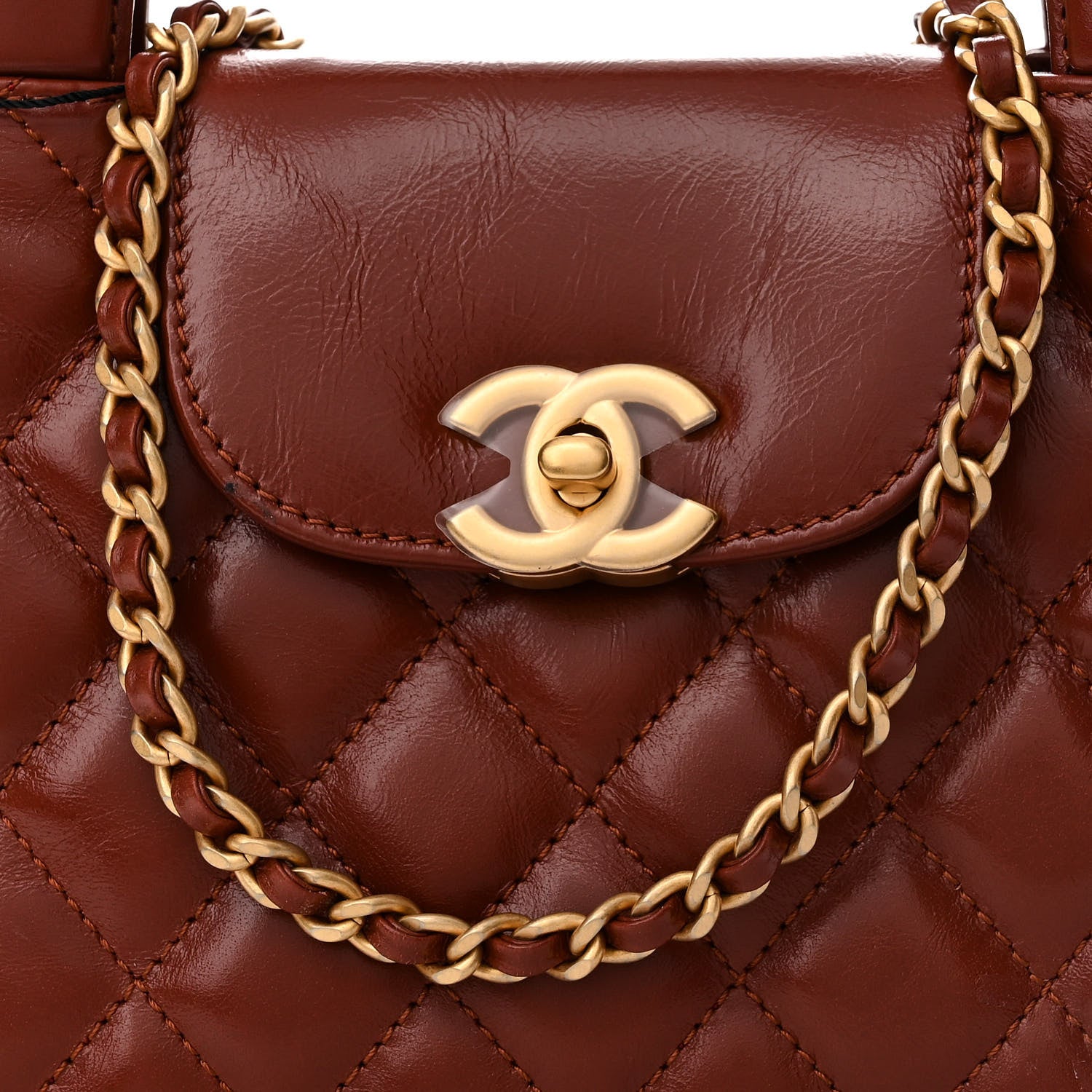 Chanel Shiny Aged Calfskin Quilted Nano Kelly Shopper Brown