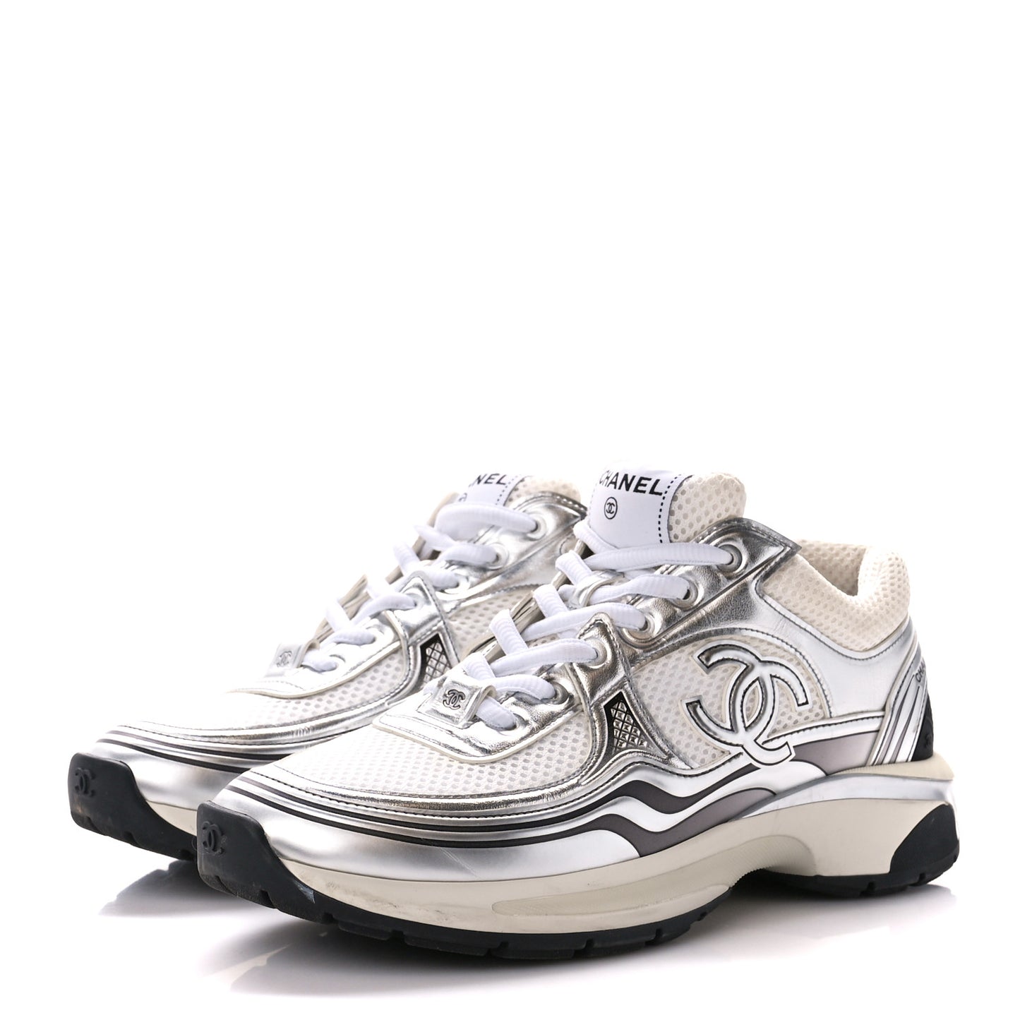 Fabric Laminated Calfskin Stretch CC Sneakers 39 White Silver