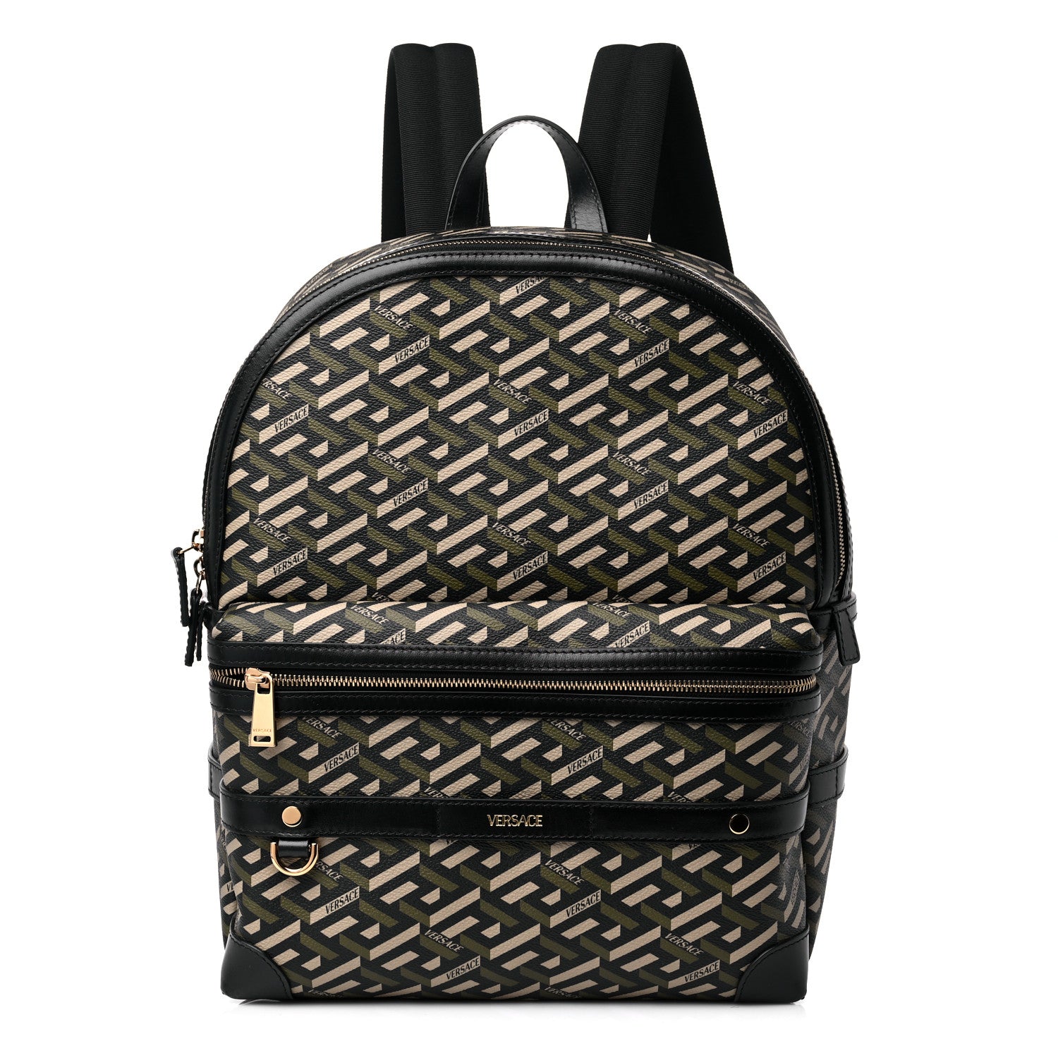 Versace Coated Canvas Calfskin La Greca Signature Backpack Black Khaki 1 of 10
