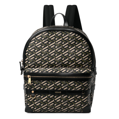 Versace Coated Canvas Calfskin La Greca Signature Backpack Black Khaki 1 of 10