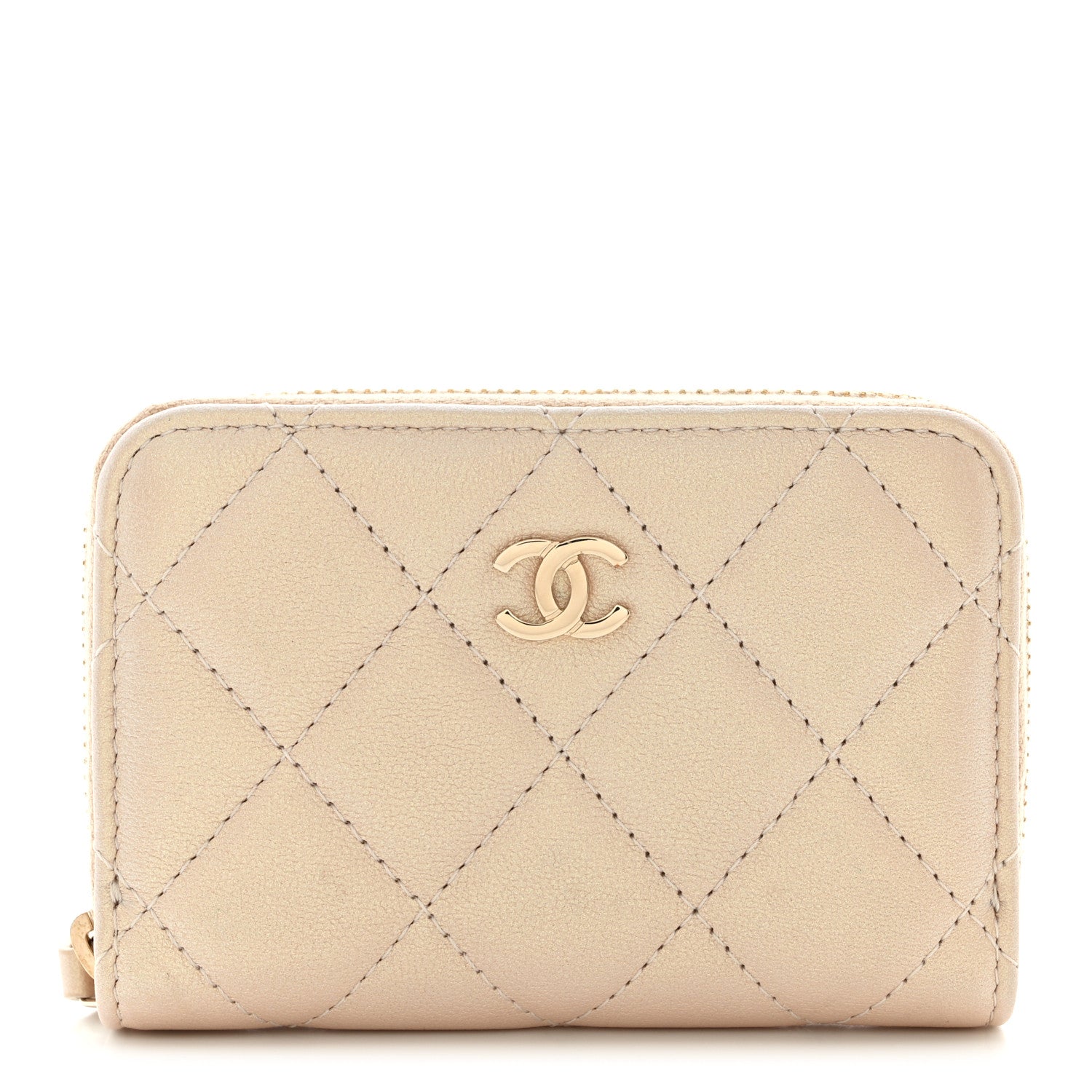 Chanel Iridescent Calfskin Quilted Zip Coin Purse Wallet Beige 1 of 8