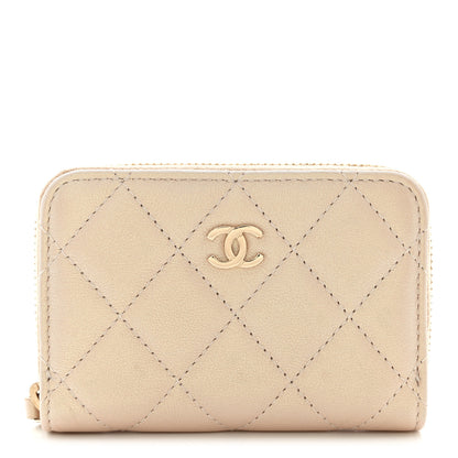 Chanel Iridescent Calfskin Quilted Zip Coin Purse Wallet Beige 1 of 8