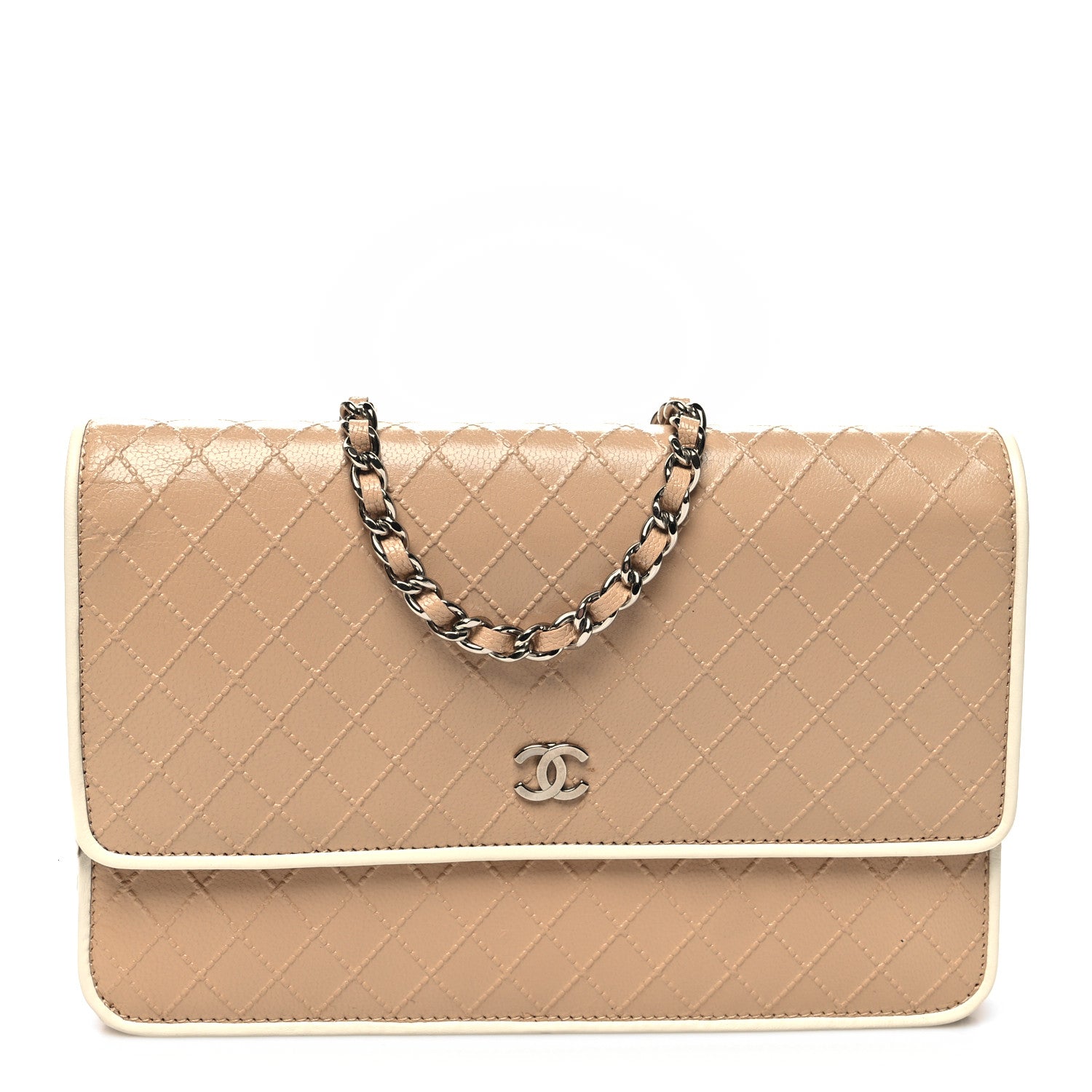 Chanel Grained Calfskin Diamond Stitched Wallet On Chain WOC Beige White 1 of 12
