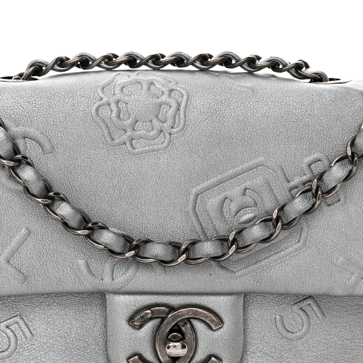 Metallic Lambskin Symbols Medium Single Flap Silver