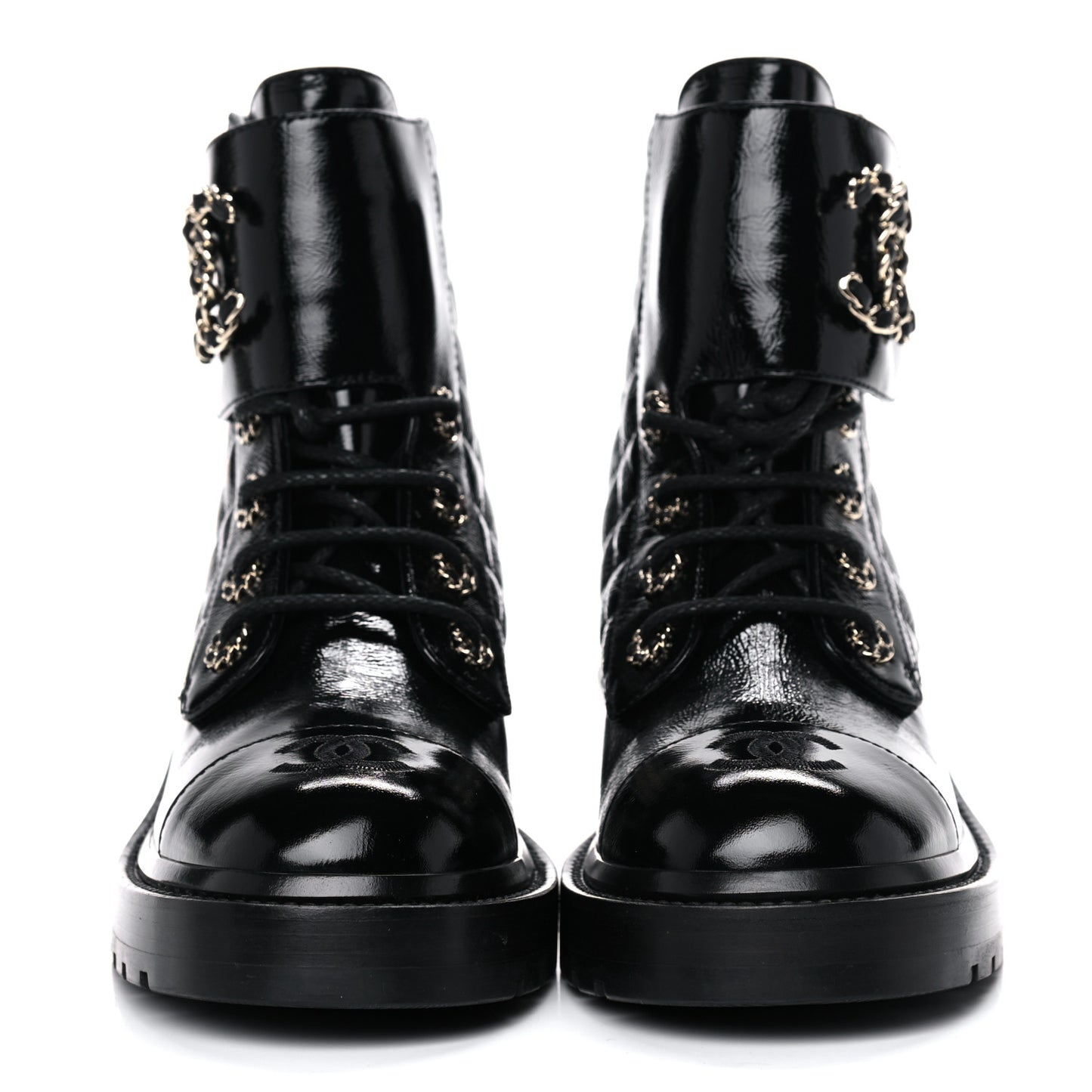 Shiny Calfskin Quilted Lace Up Combat Boots 37 Black