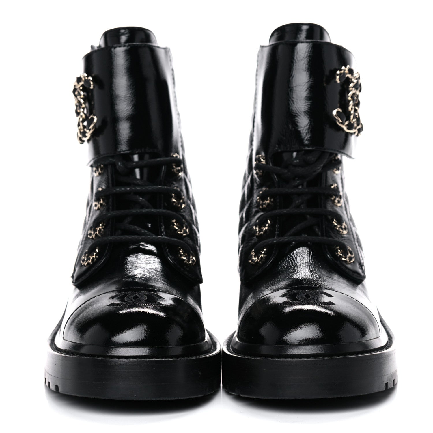 Chanel Shiny Calfskin Quilted Lace Up Combat Boots 37 Black 2 of 13