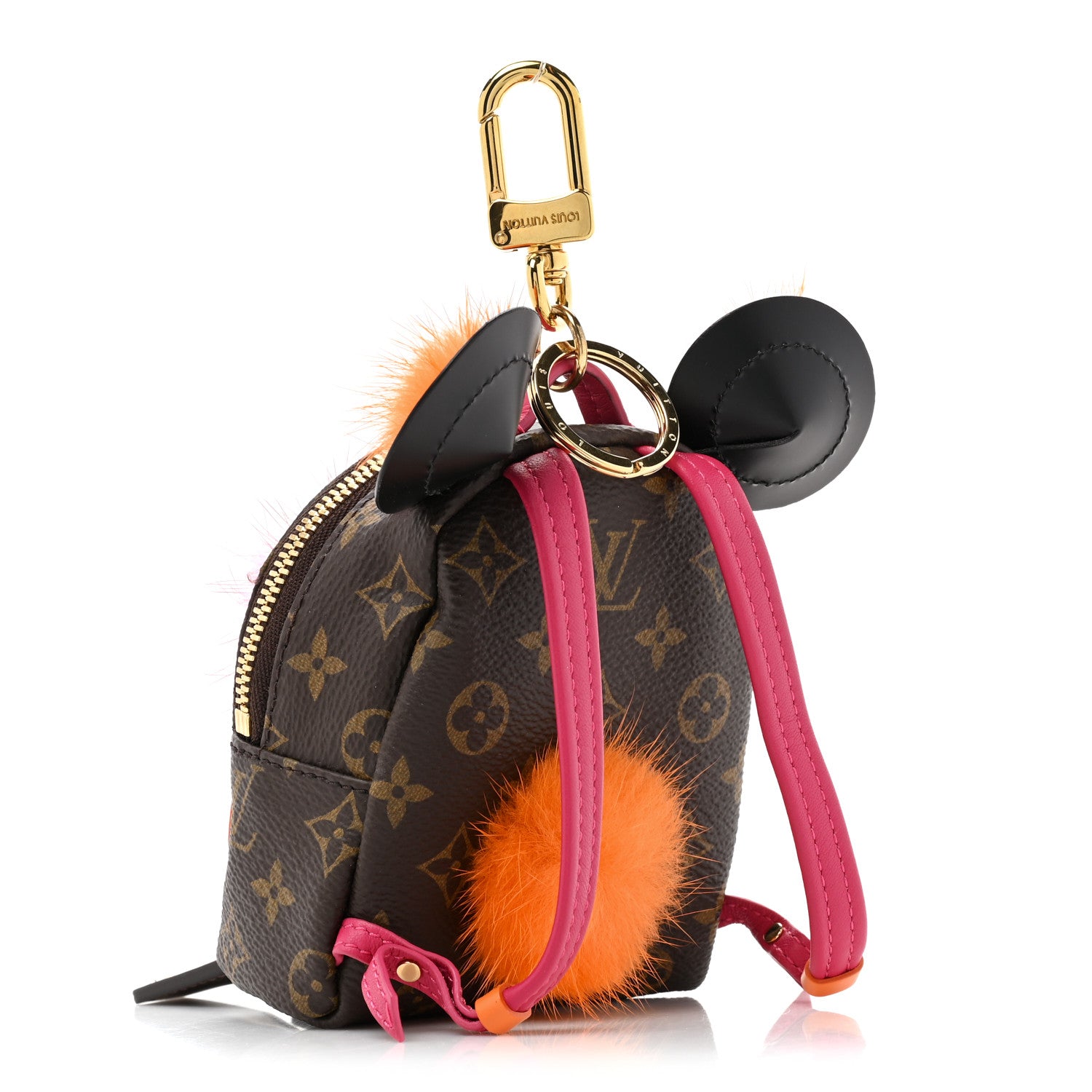 Louis Vuitton Monogram Calfskin Mink Fur Palm Springs Bear Bag Charm Key Holder Pink Orange 2 of 11