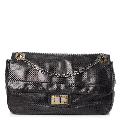 Chanel Metallic Crackled Calfskin Large Perforated Drill Flap Black 1 of 9