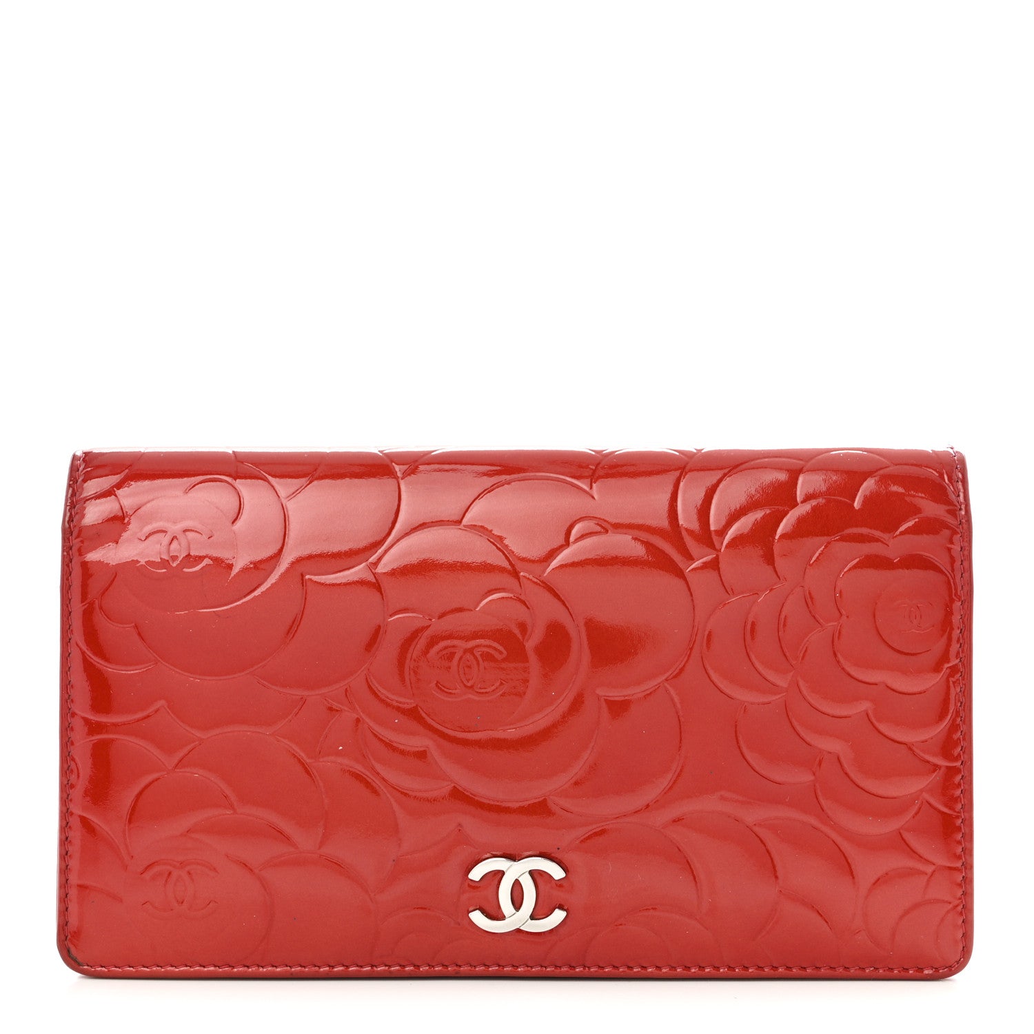 Chanel Patent Camellia Embossed Yen Wallet Red 1 of 9