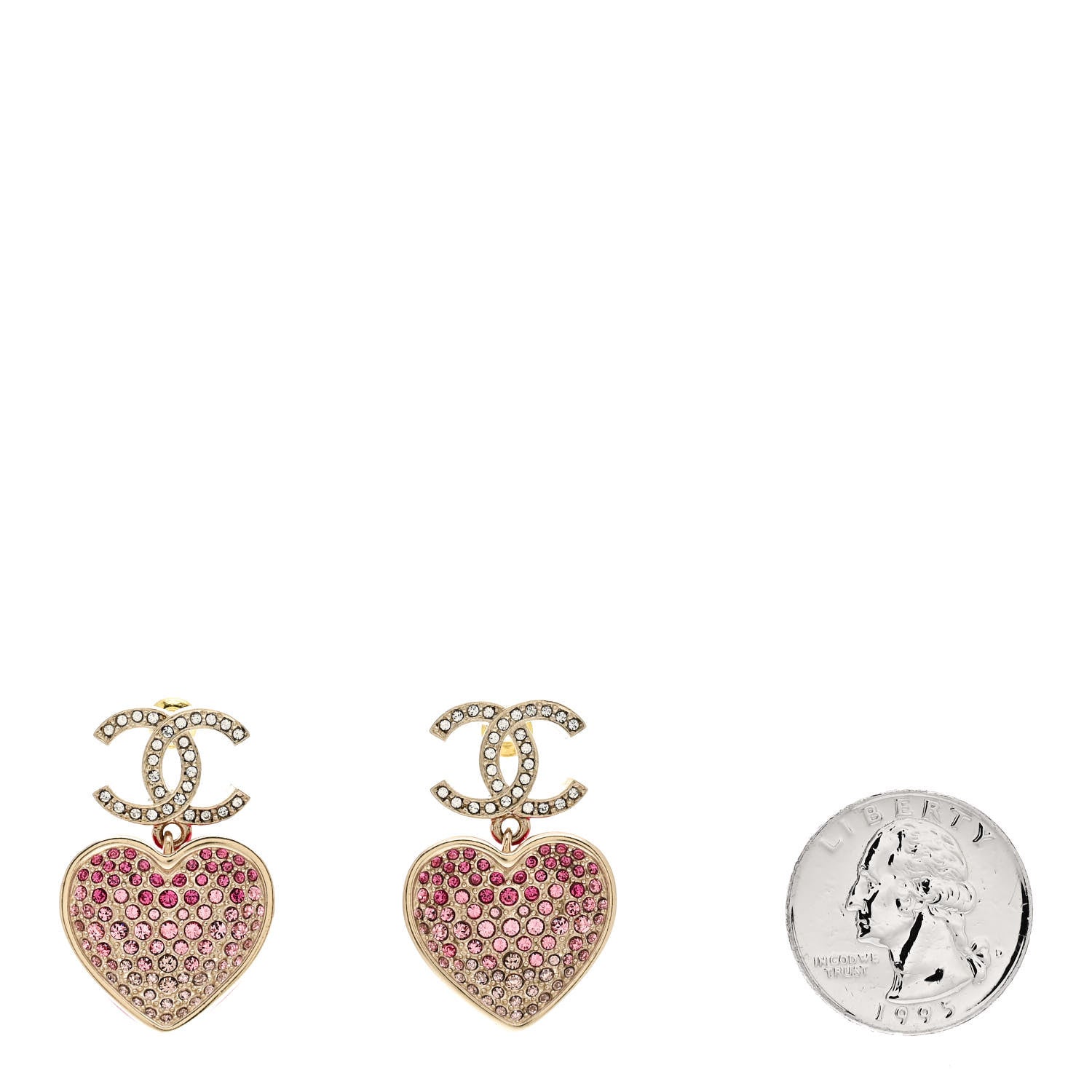Chanel Crystal CC Resin Heart Drop Earrings Pink Gold 2 of 6