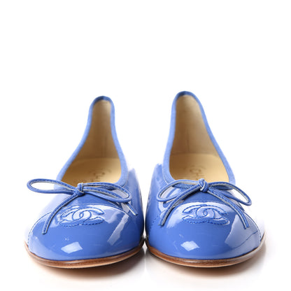 Chanel Patent Calfskin CC Cap Toe Ballerina Flats 37.5 Blue 2 of 8