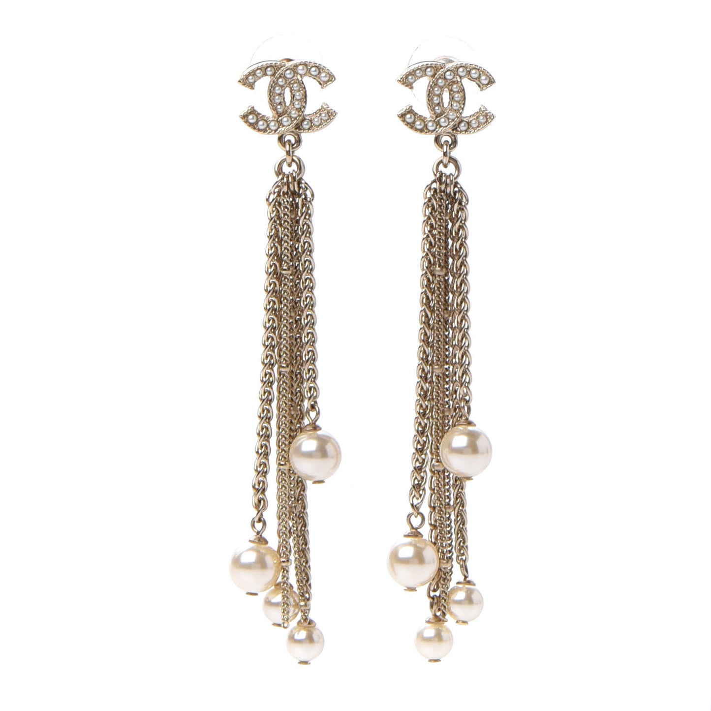Glass Pearl CC Long Drop Earrings Gold