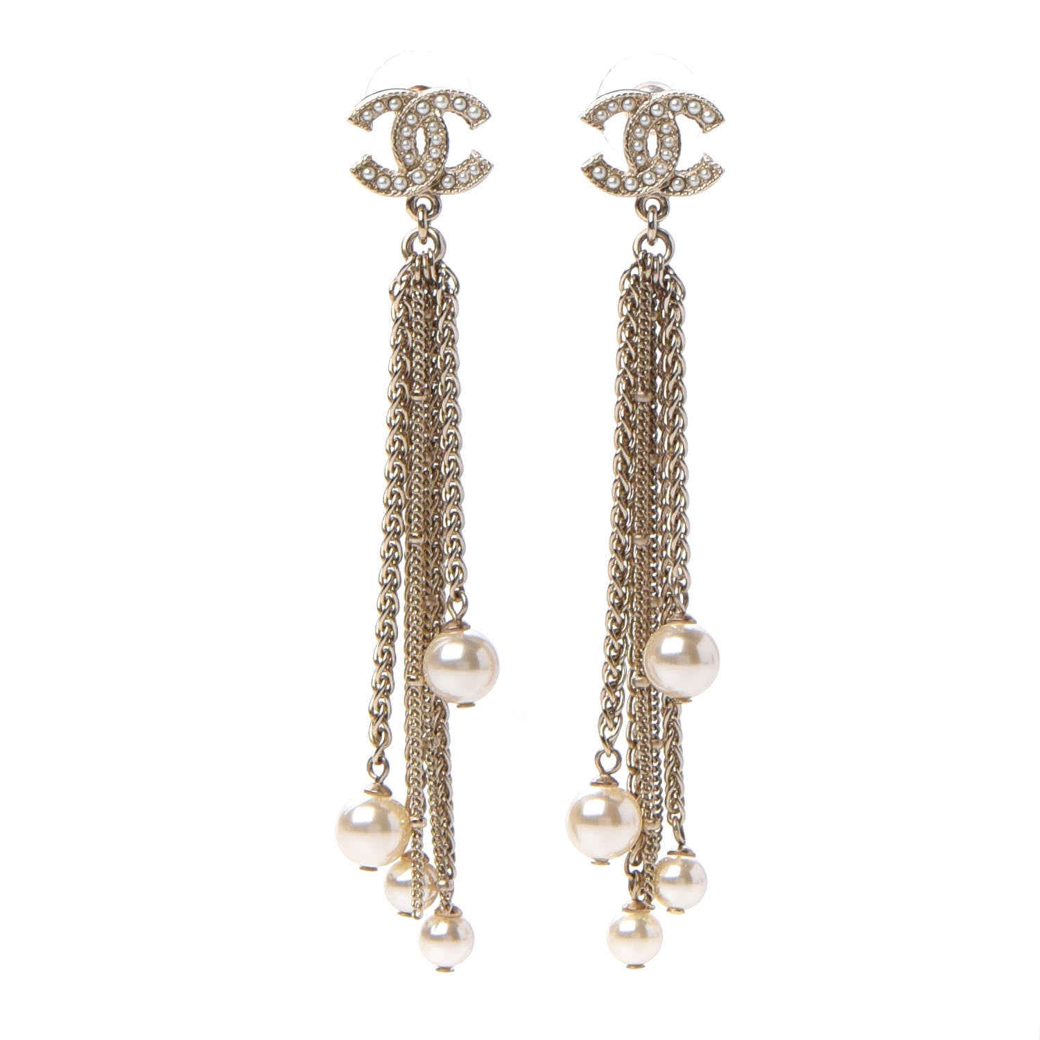 Chanel Glass Pearl CC Long Drop Earrings Gold 1 of 5