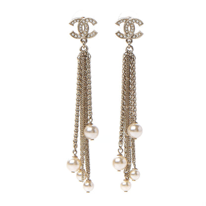 Chanel Glass Pearl CC Long Drop Earrings Gold 1 of 5