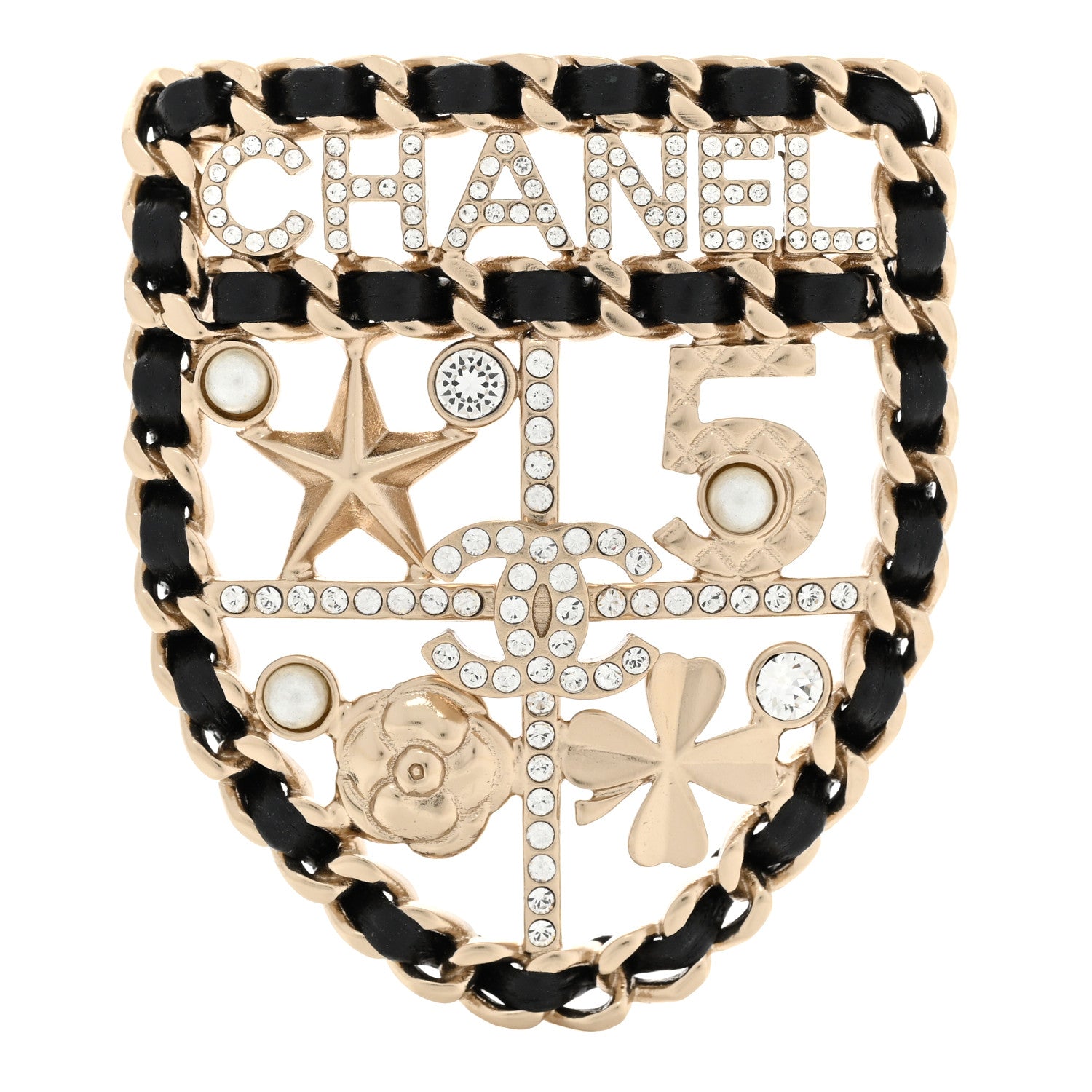 Chanel Lambskin Pearl Strass Sergeant Chanel Shield Brooch Gold 1 of 5