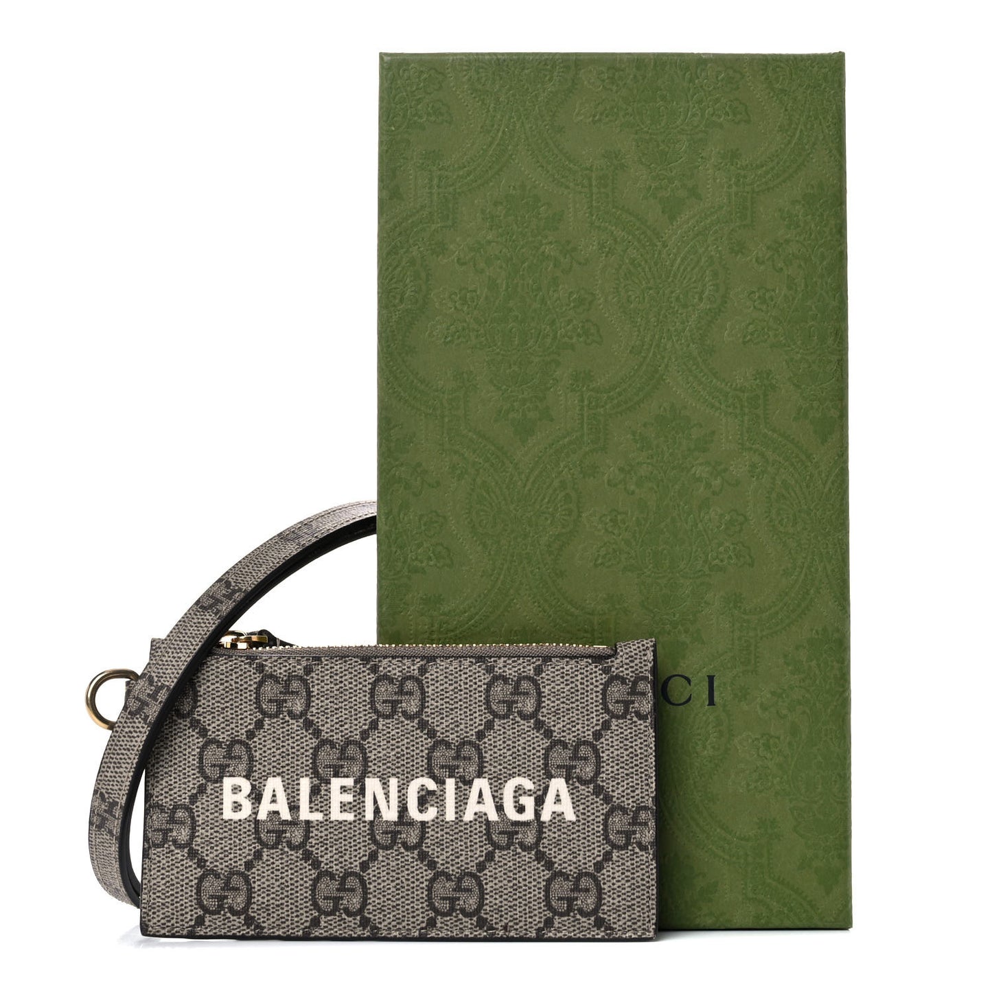 X BALENCIAGA GG Supreme Monogram Logo Card Case With Strap Beige Ebony