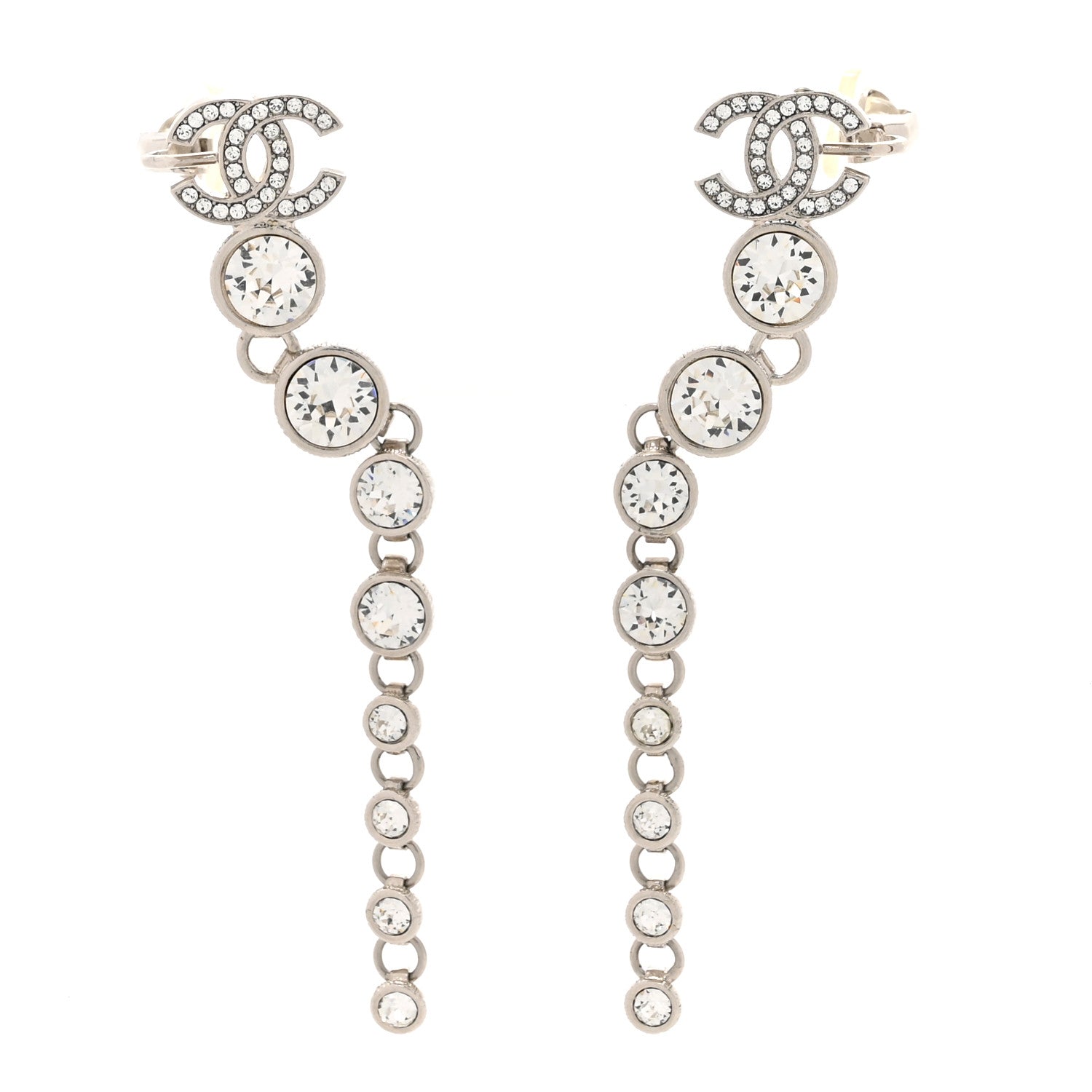 Chanel Crystal CC Long Drop Earrings Silver 1 of 5