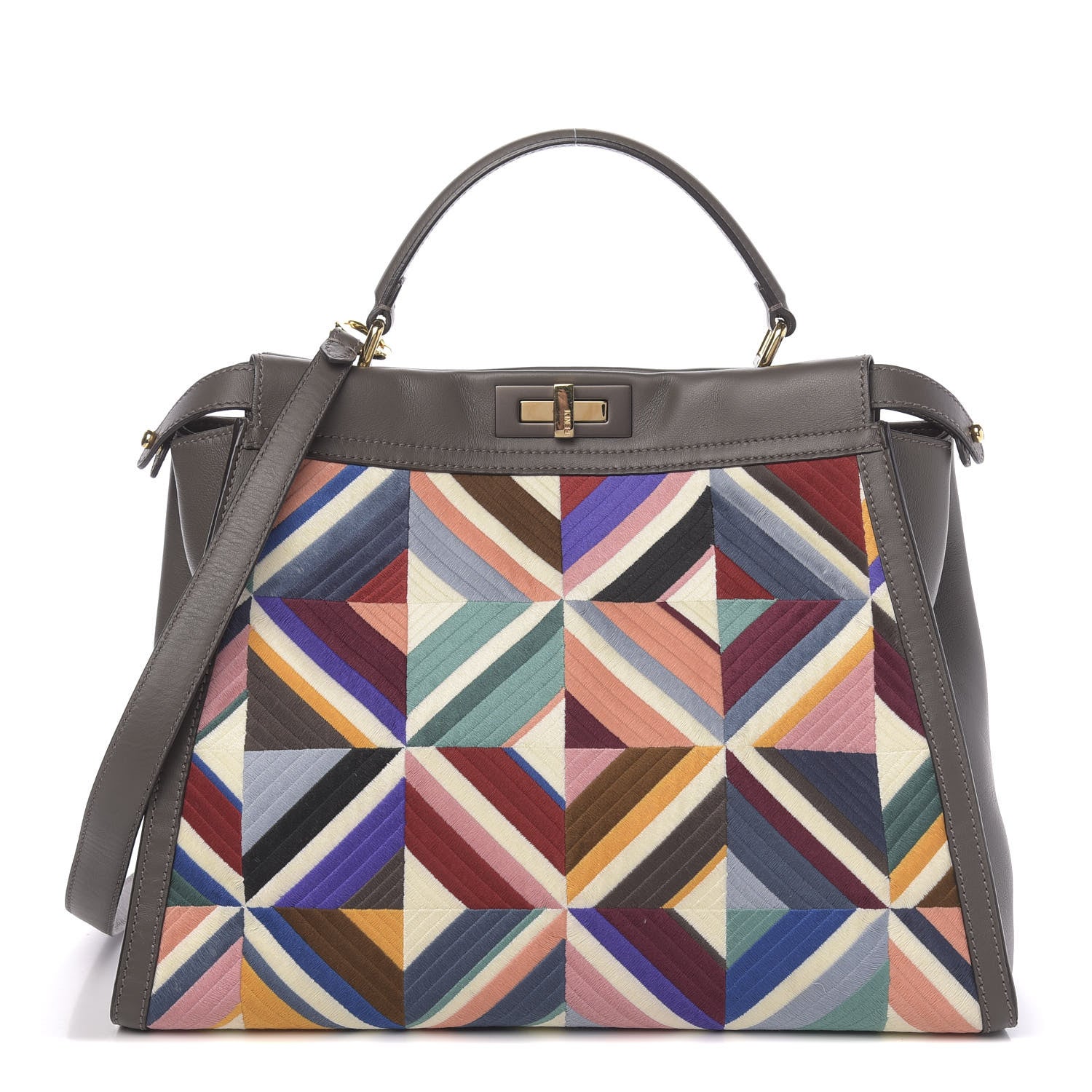 Fendi Calfskin Geometric Embroidered Large Peekaboo Iconic Satchel Grey 1 of 11