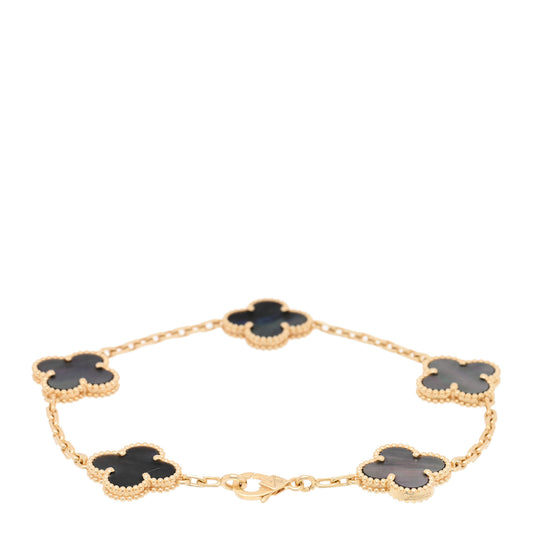 18K Yellow Gold Gray Mother of Pearl 5 Motifs Vintage Alhambra Bracelet