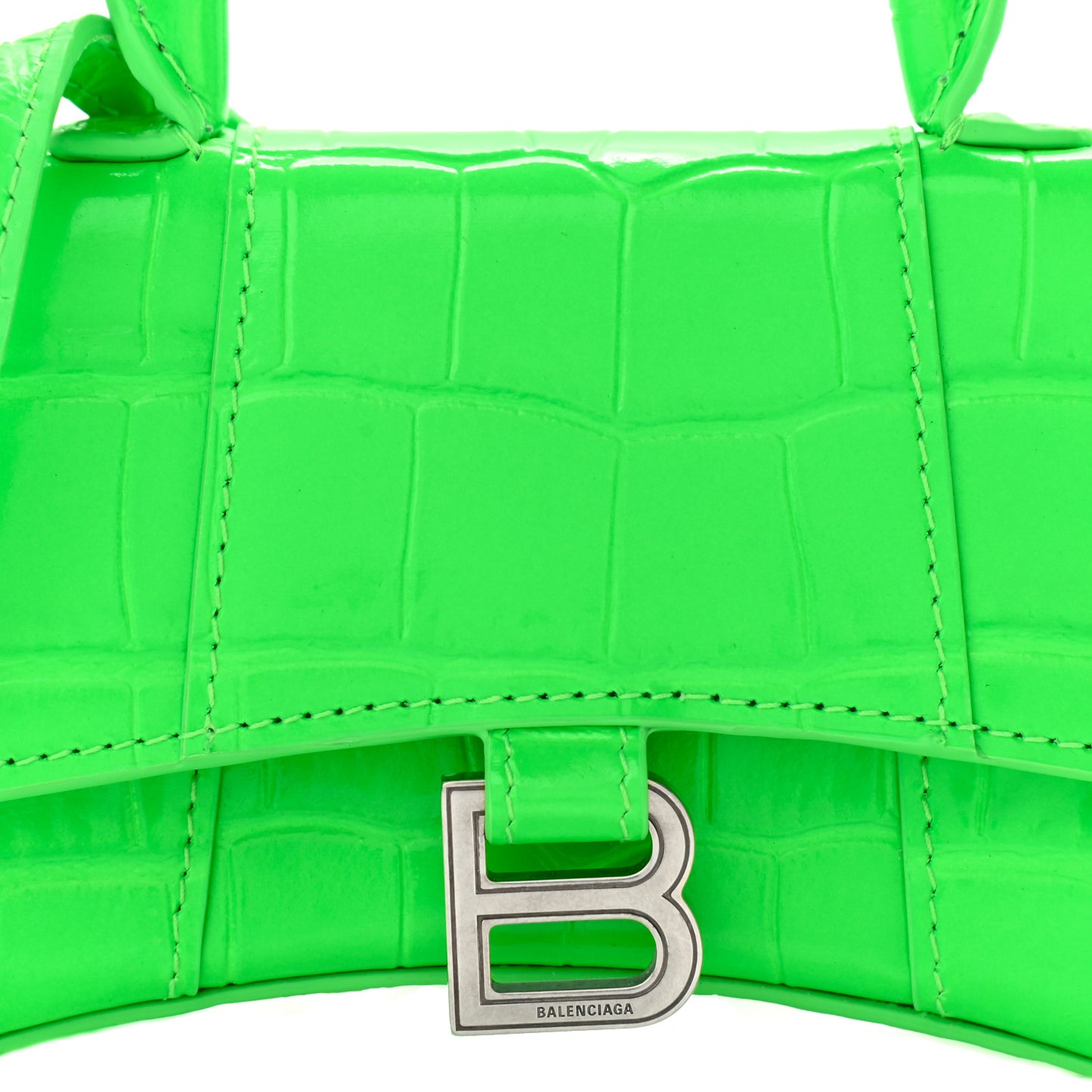Shiny Calfskin Crocodile Embossed Hourglass Top Handle Bag Mini Fluo Green