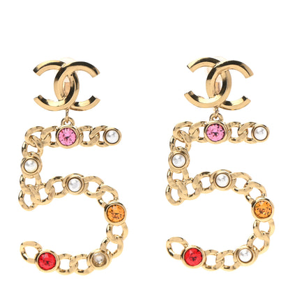 Chanel Pearl Crystal Chain CC No 5 Drop Earrings Gold Pink Red Orange 1 of 5