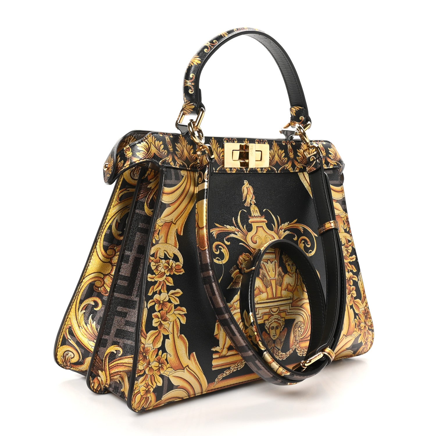 Fendi X VERSACE Vitello Seta Nappa Fendace FF Baroque Medium Peekaboo I SEE U Satchel Tobacco Black Gold 3 of 10