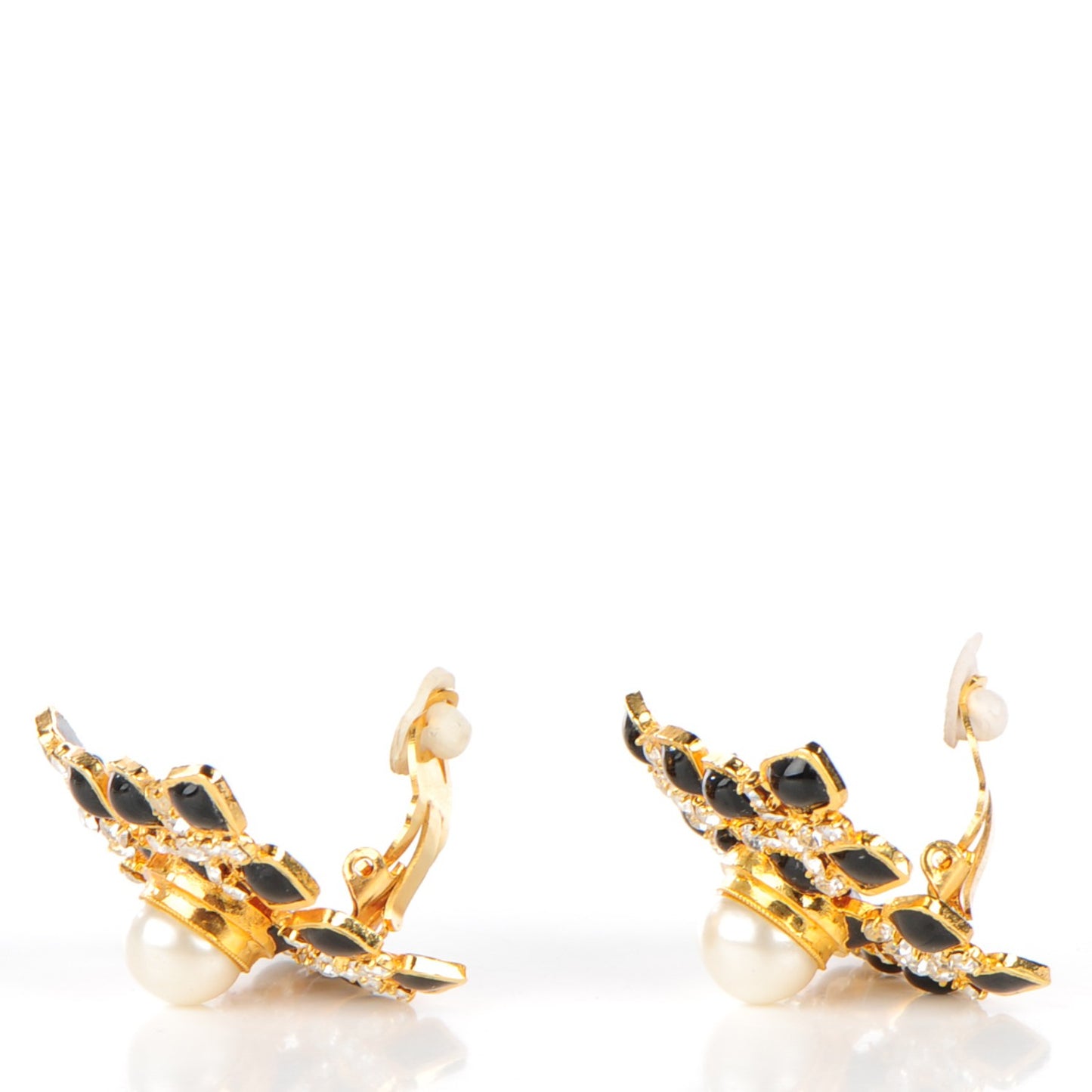 Enamel Crystal Pearl Clip On Earrings Black and Gold