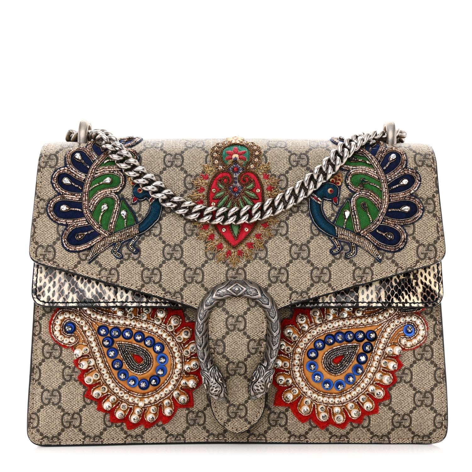 Gucci GG Supreme Monogram Snakeskin Flower Embroidered Medium Dionysus Shoulder Bag Beige Orange 1 of 12