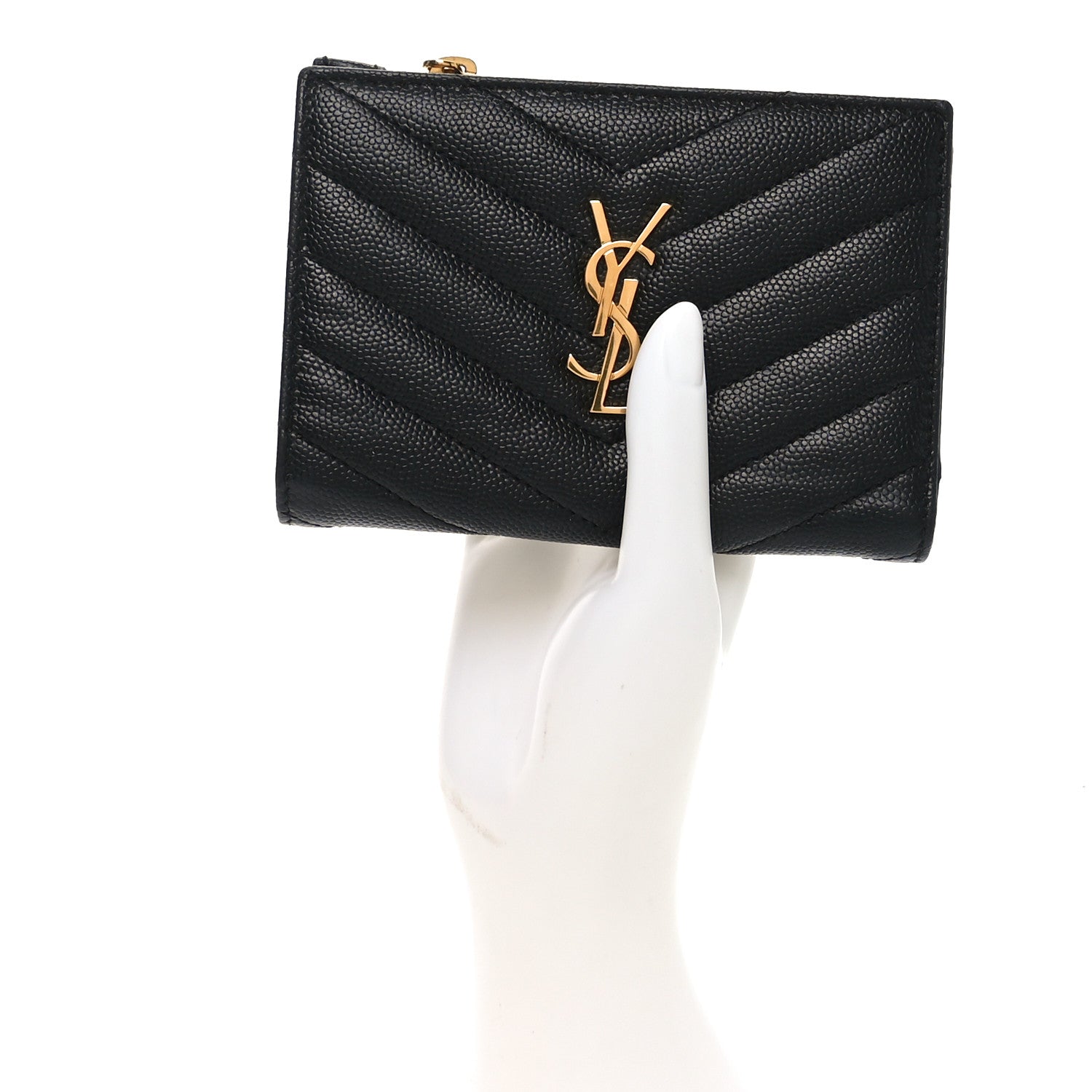 Saint Laurent Grain De Poudre Matelasse Chevron Monogram Zipped Two-Part Wallet Black 2 of 6