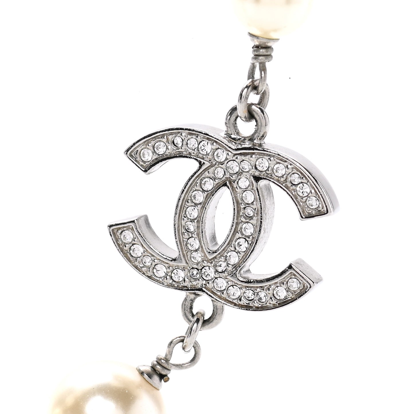 Graduated Pearl Crystal CC Long Necklace Silver