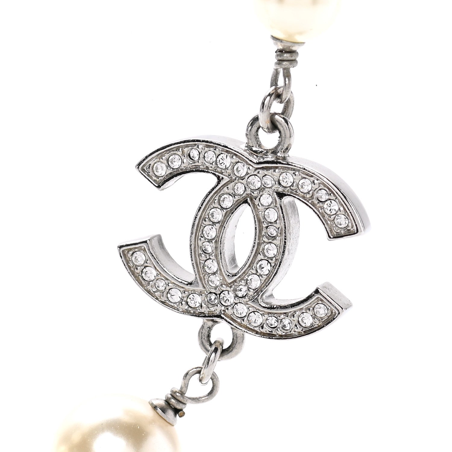 Chanel Graduated Pearl Crystal CC Long Necklace Silver 4 of 7