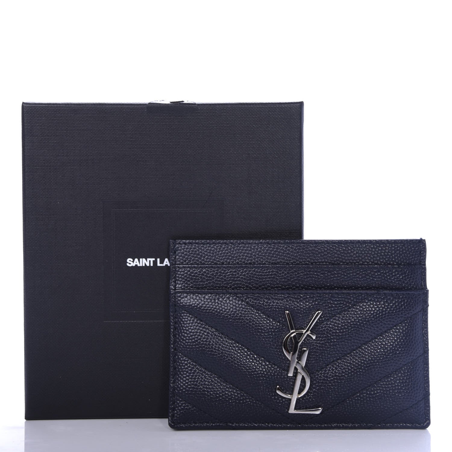 Saint Laurent Grain De Poudre Matelasse Monogram Chevron Credit Card Case Deep Marine 8 of 8